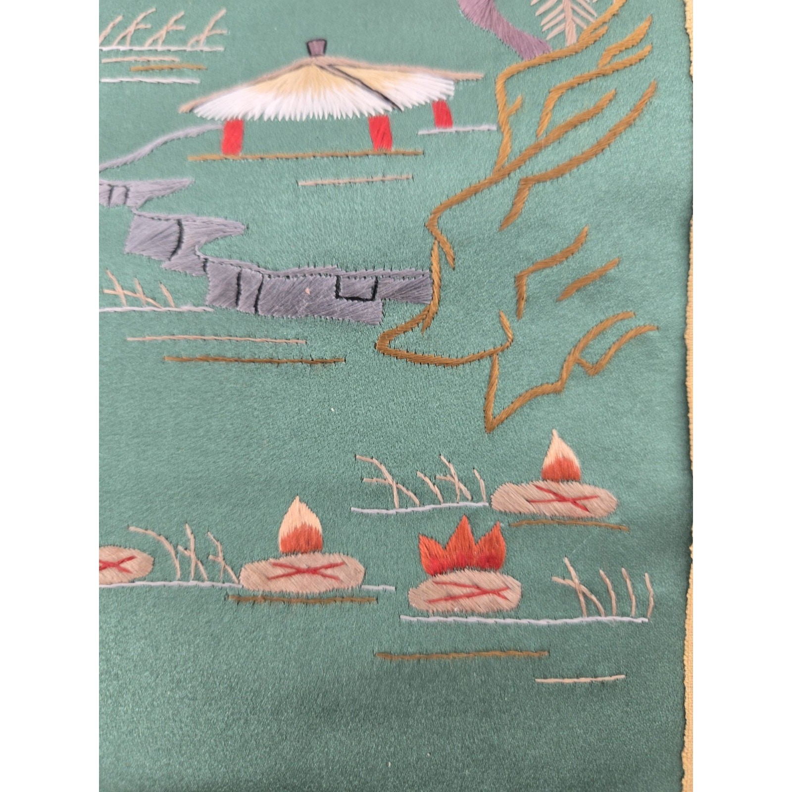 Vintage Chinese Hand Embroidered Silk Pagoda Tapestry Decorative Fabric Panel