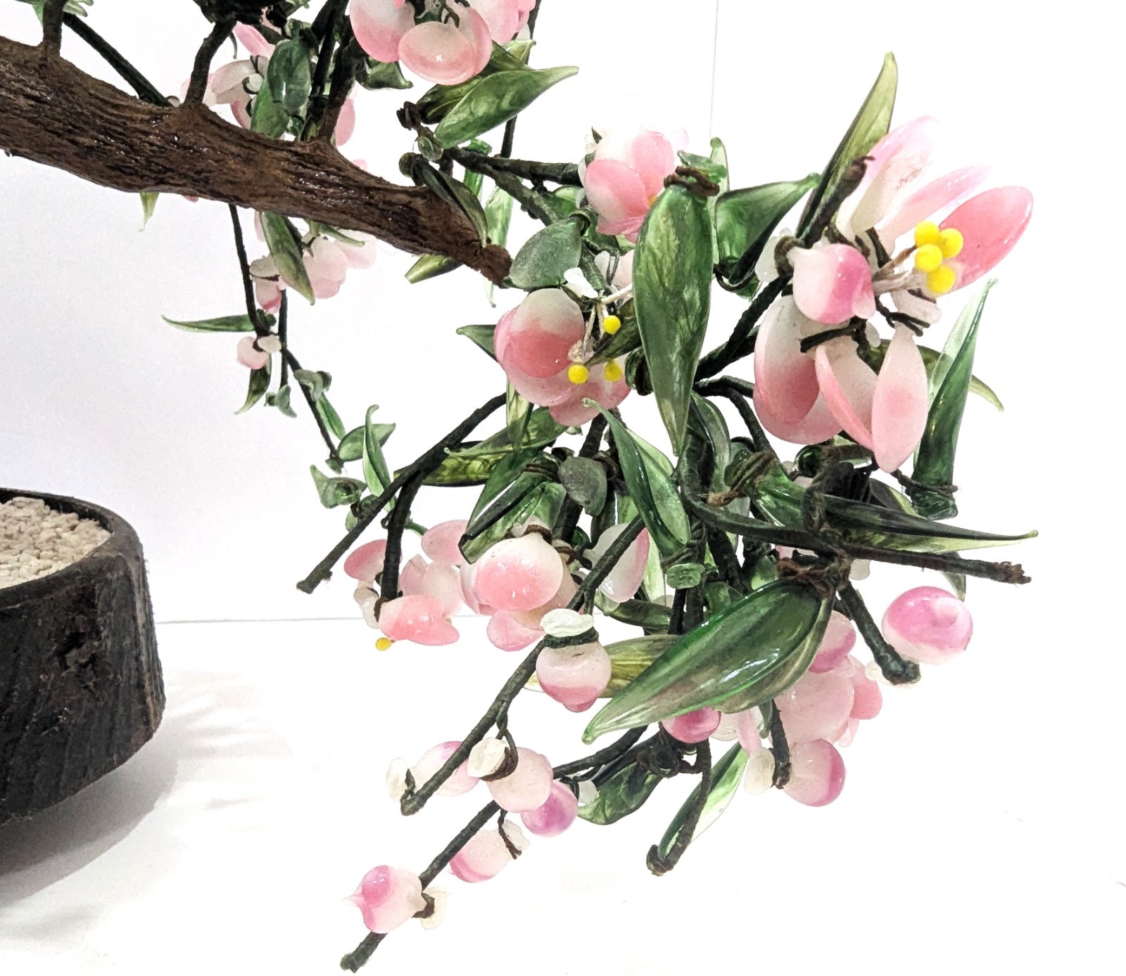 Large Vtg Pink Green Jade Glass Bonsai Tree Mid Century Chinoiserie Chic 20 x 14