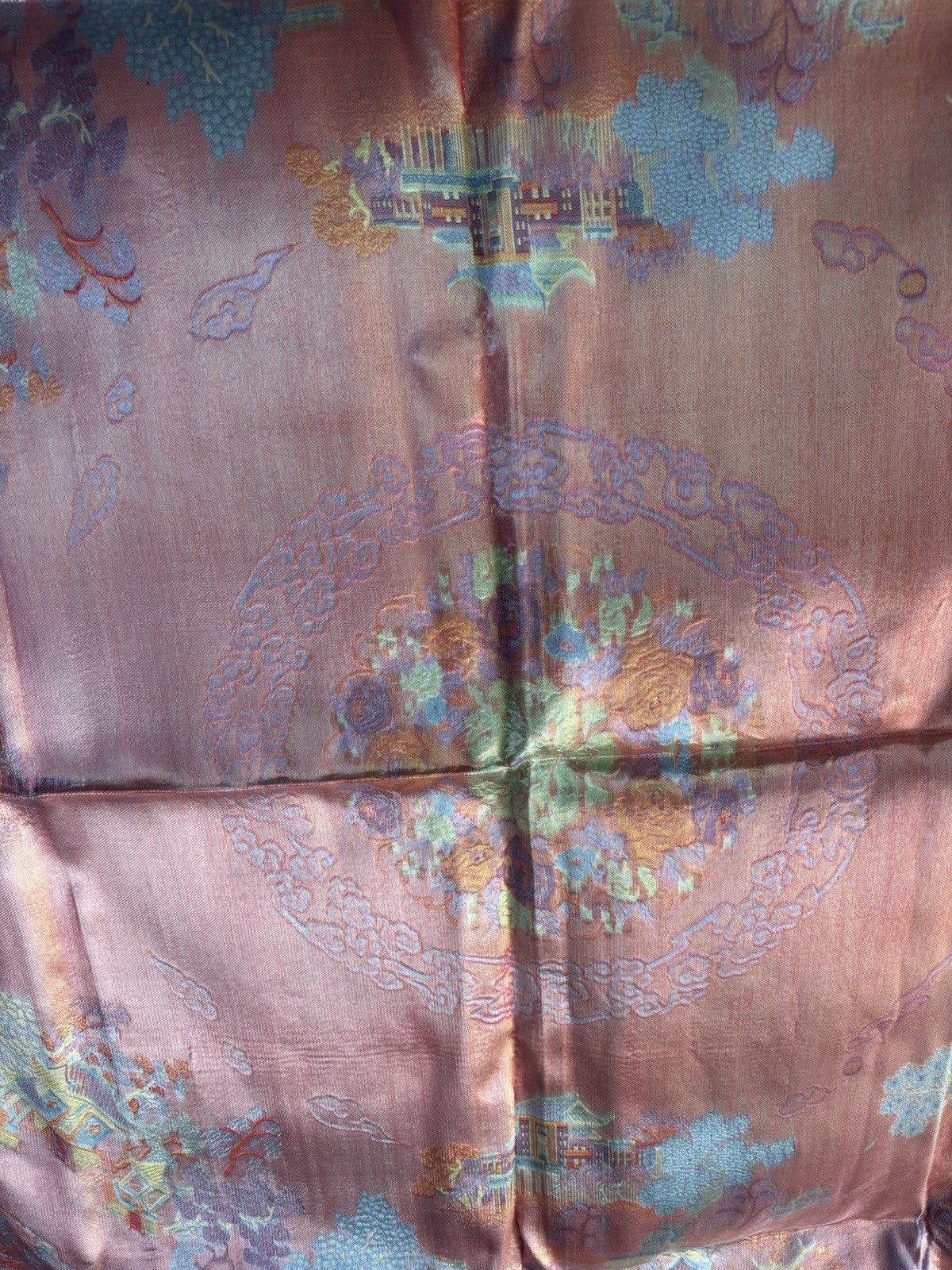 Vintage Silk Brocaded Flowers China Tapestry Table Cloth Box Bright Blue Fringe