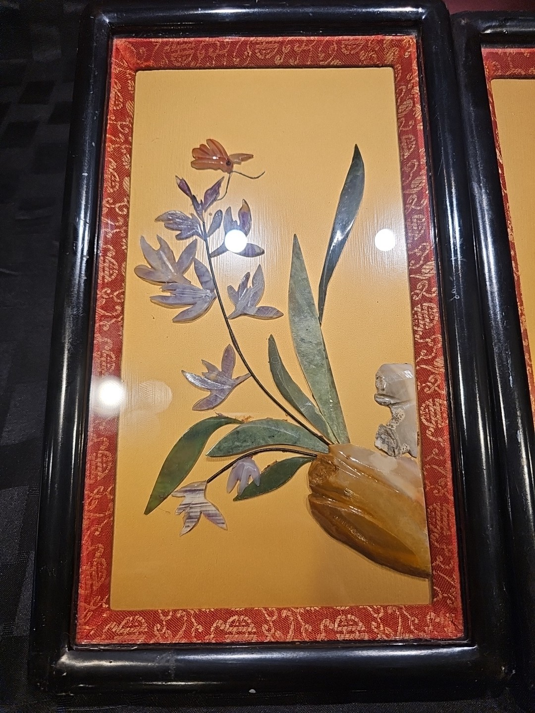 Vintage Chinese Pair of Jade Floral Plaques Wall Hanging Butterfly And Bird