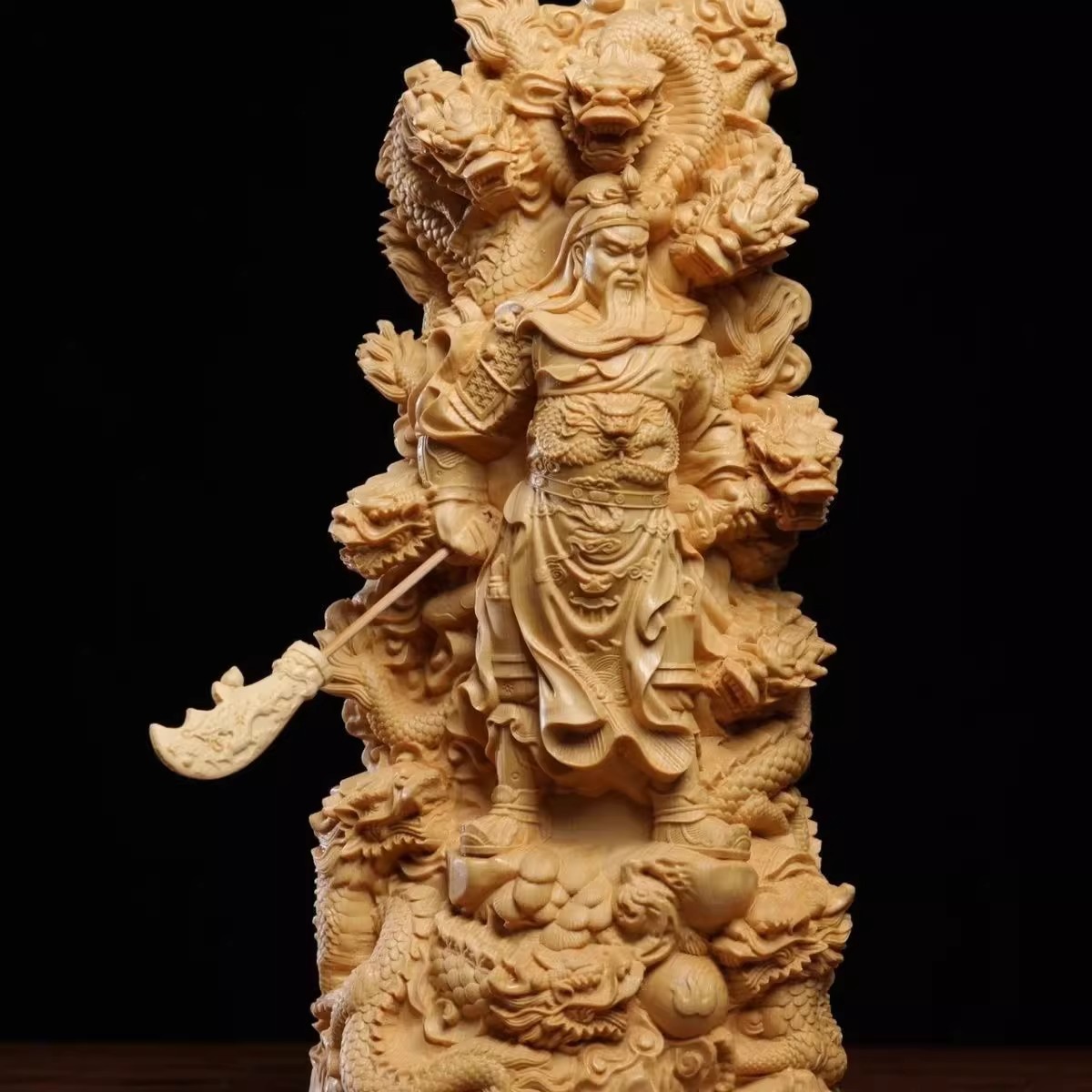 8″ Chinese Cypress Wood Carved Guan Yu Guan Gong Warrior Dragon Statue Figurine