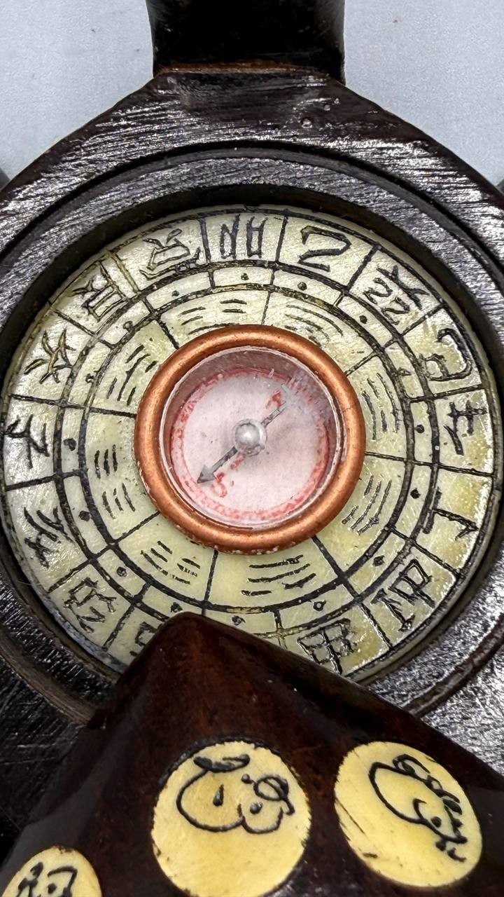 Vintage Carved Wood Turtle with Chinese Zodiac Compass – Functional Inlay