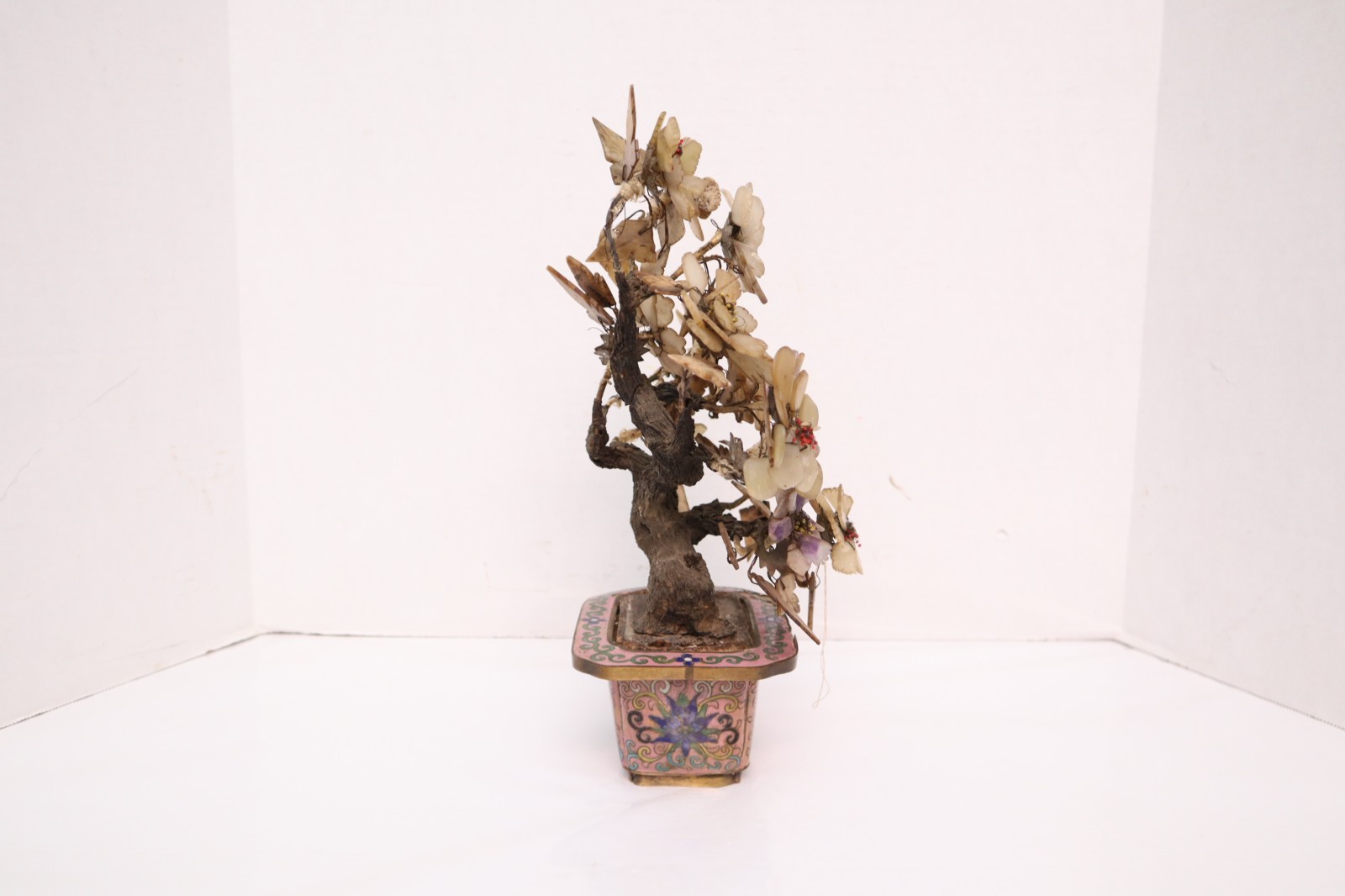Vintage Cloisonné Potted Jade & Gemstone Flower Tree Decor LARGE 13.5″ Tall