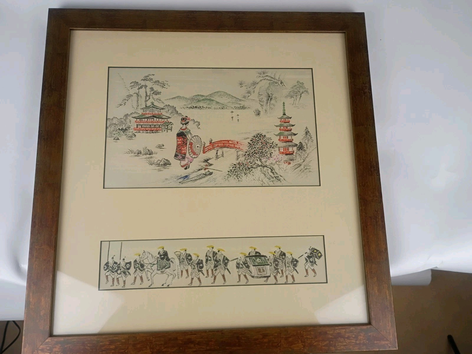 Vintage JapaneseSilk Embroidery Brocade Textile Art Temple Landscape Scene
