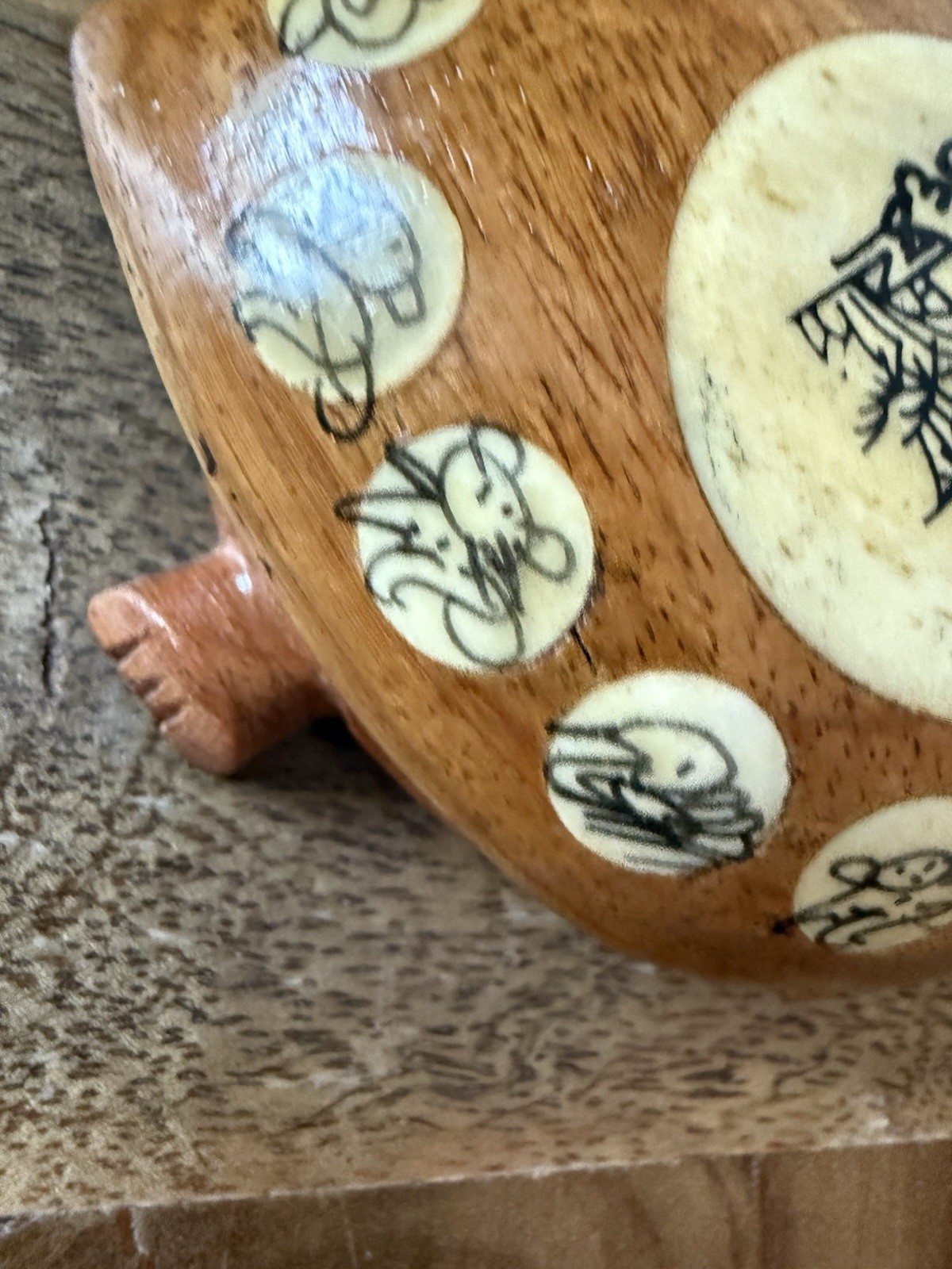 Vtg Asian Carved Wooden Turtle, Opens with Compass and Zodiac Signs