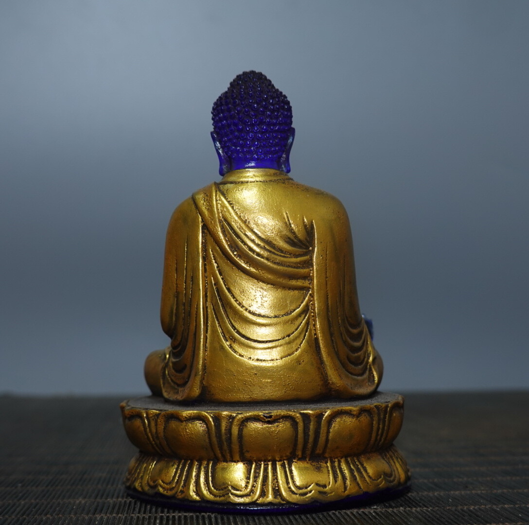4.7″ Chinese Blue Coloured Glaze Paintings Gild Buddhism Medicine Buddha Statue