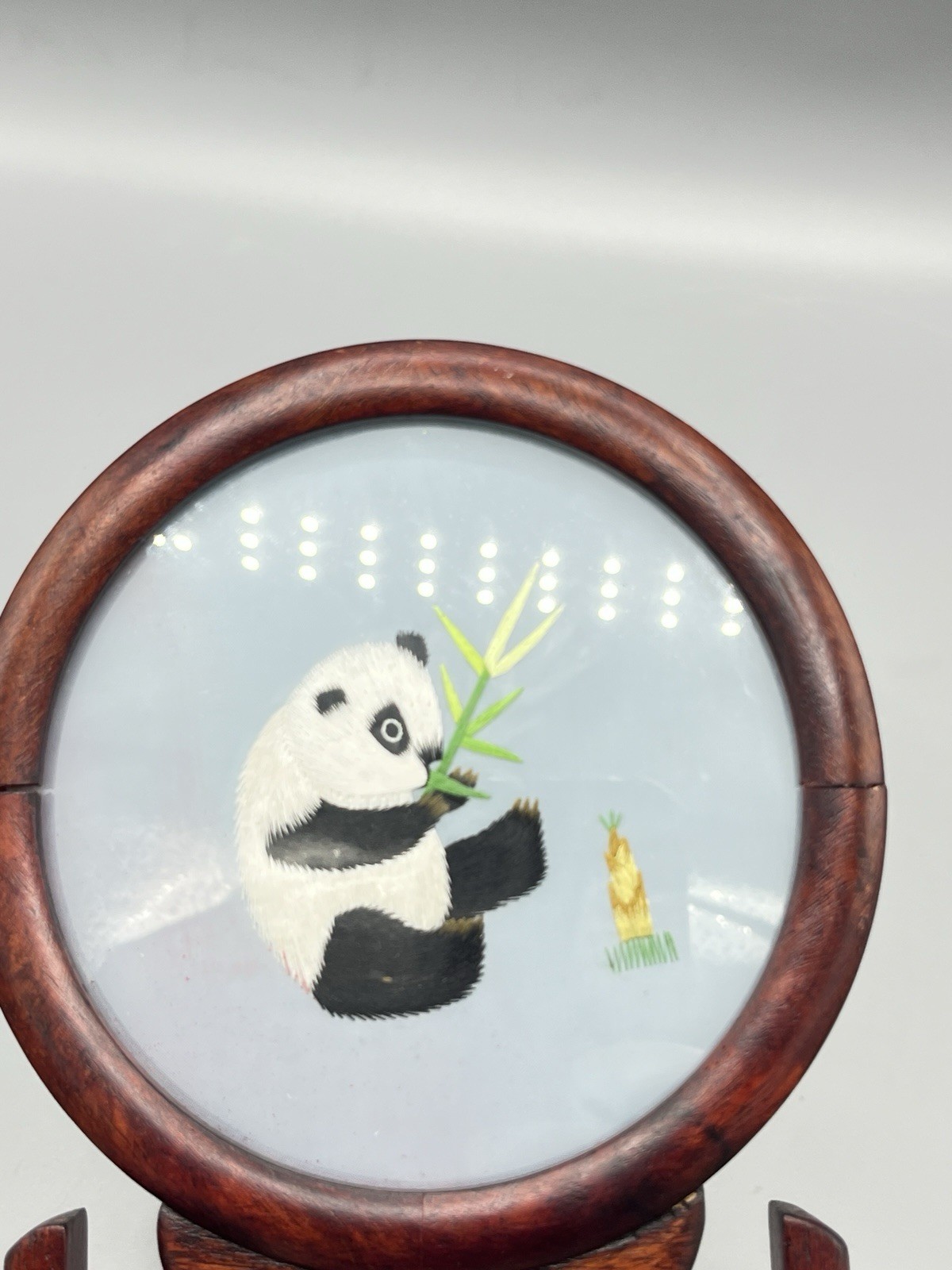 ASIAN Chinese Panda Double Sided Silk Embroidery Wooden Screen – Read