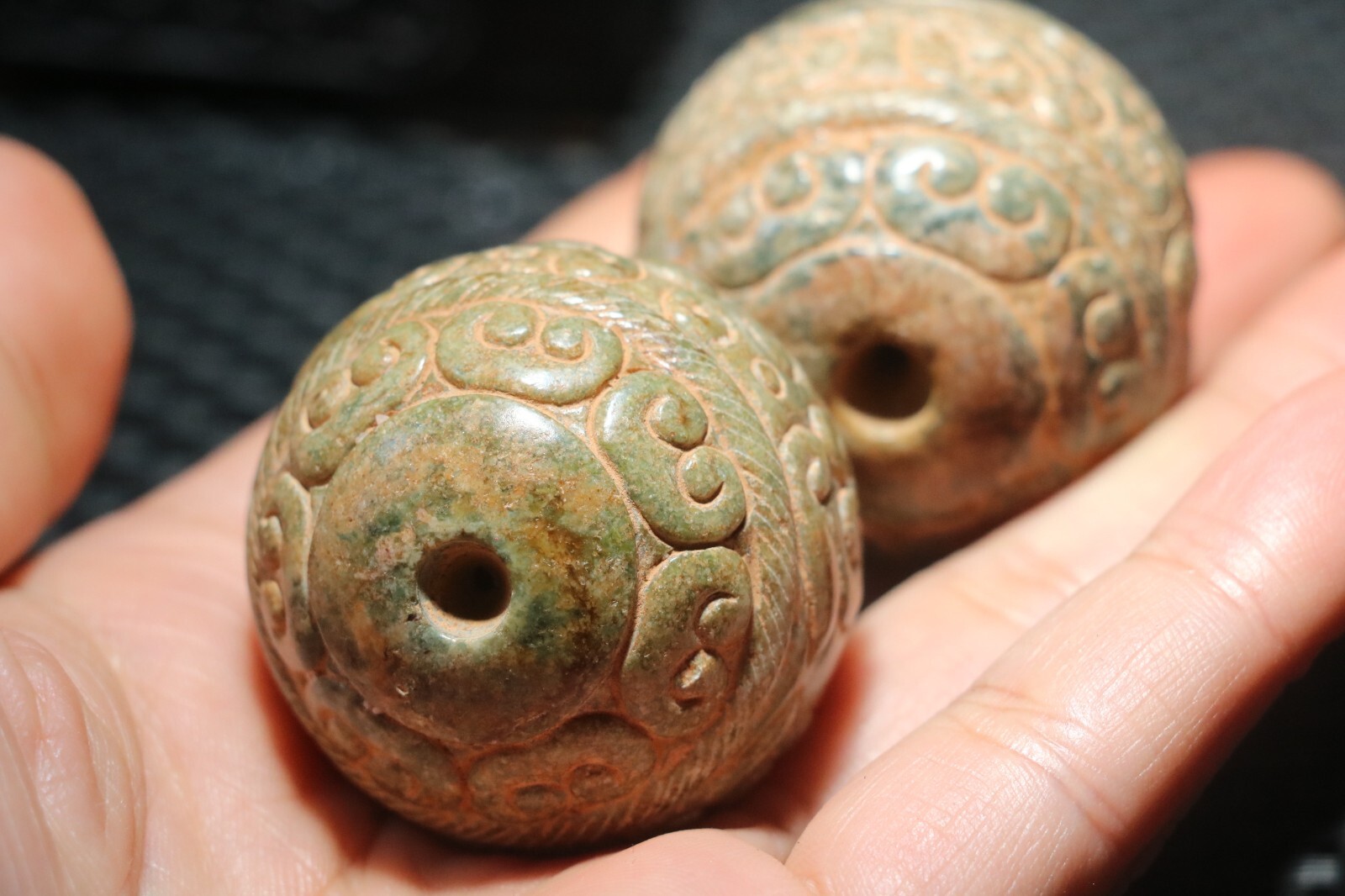 A Pair Exquisite Chinese Hetian Old JADE Linking Fortune Large Ball Sphere 40MMs