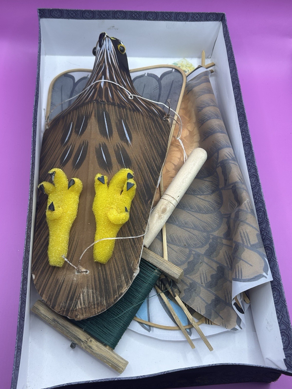 Vintage Chinese Silk & Bamboo Eagle Bird of Prey Kite with Box 36″ wingspan Rare