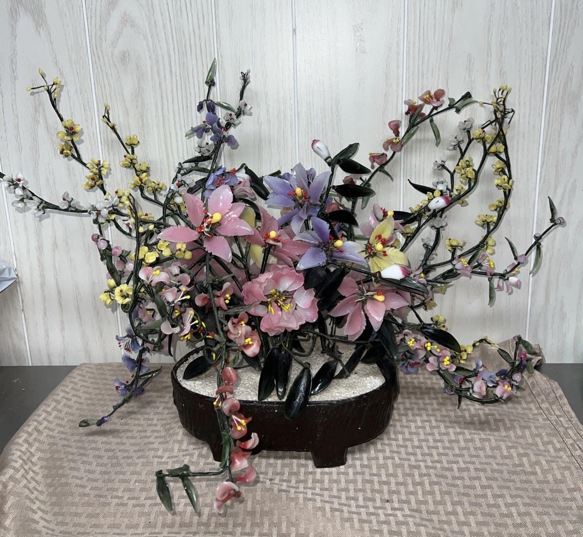 Vtg Jade Bonsai Flower Tree Pot Green Pink Quartz Glass Plant Large China