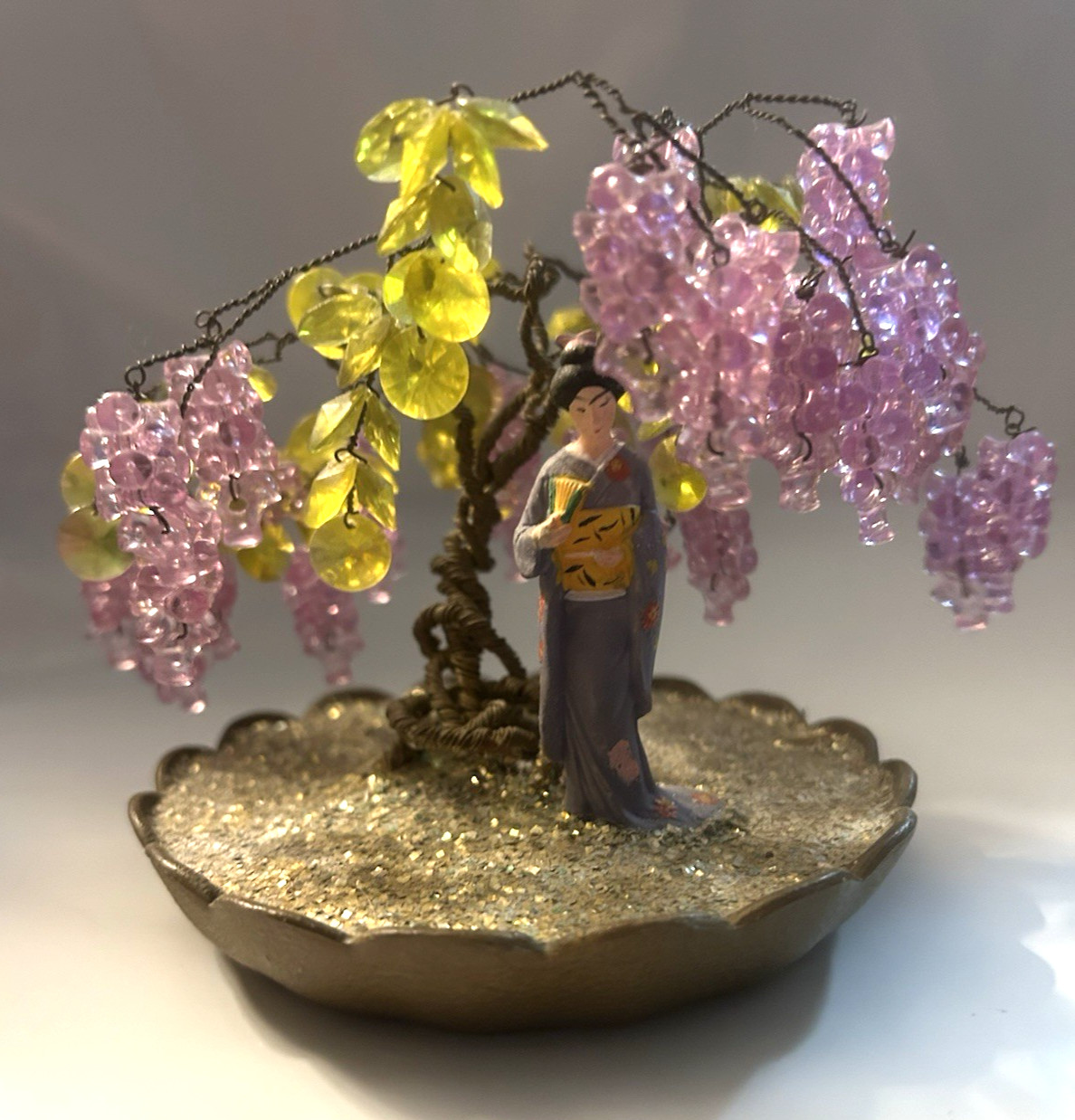 Vintage 1975 Walco Geisha GirlBead & Wire Purple W Purple Bonsai Tree Garden