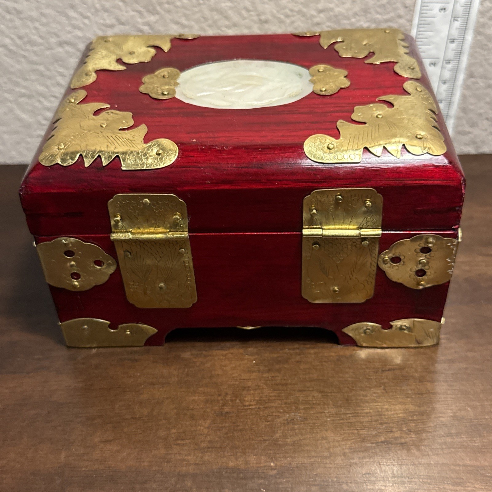 Antique Chinese White Jade & Brass Fittings Wood Jewelry Box Red Lining u-11D