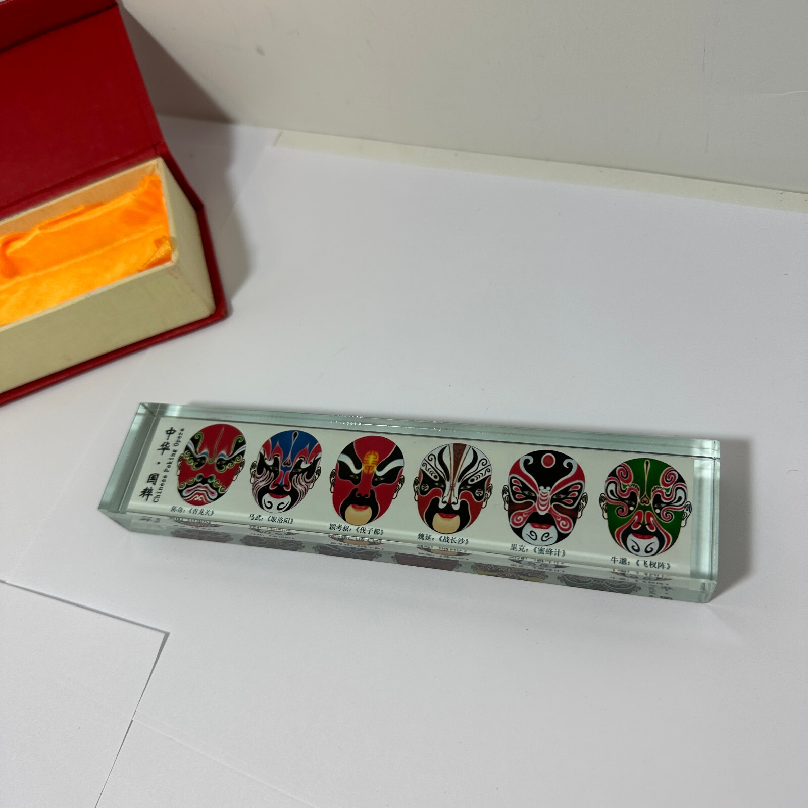 Chinese Peking Opera Transparent 7″ Block With Faces With Box Used Free Shipping