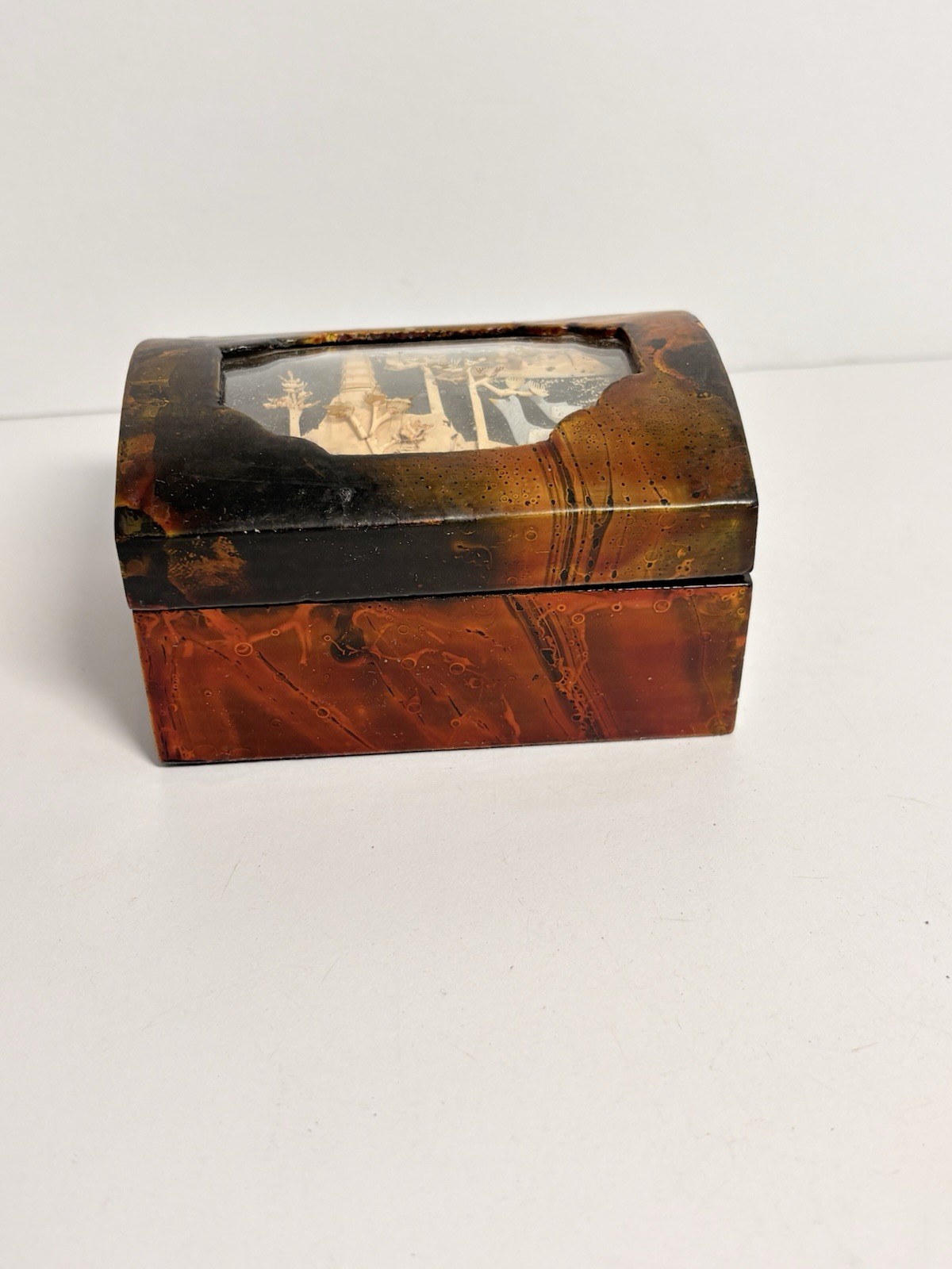 Vintage Chinese Lacquered Carved Cork Diorama Art Jewelry Box ~ Small with Lid