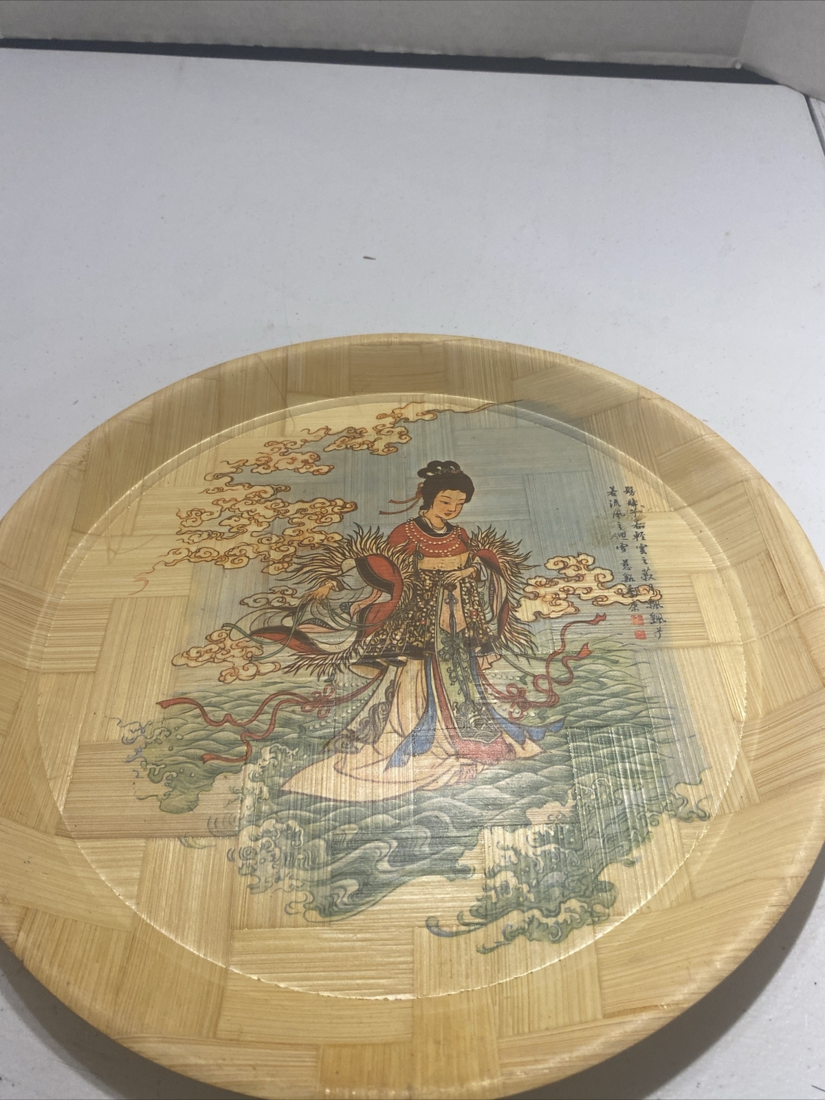 Vintage Decorative Hand Woven Painted Asian Bamboo Tray 13″ Im iR