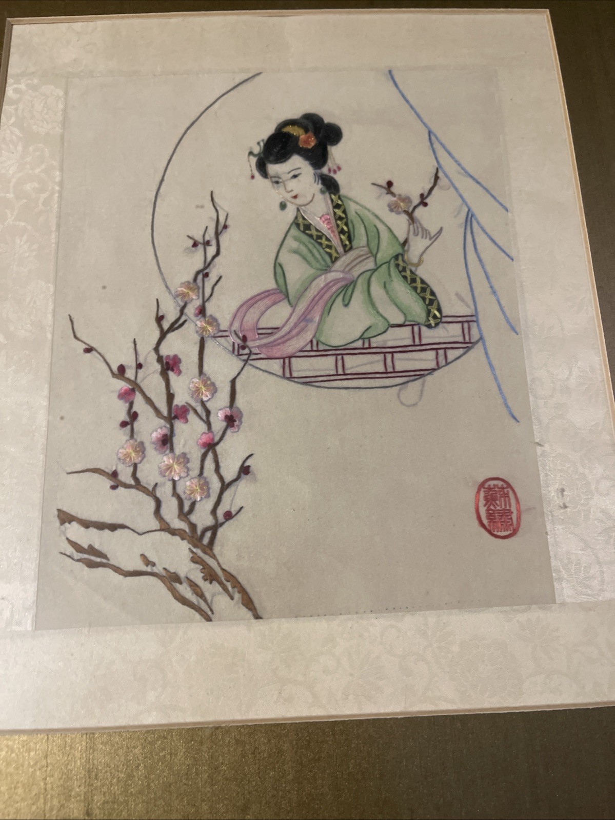 Vintage Framed Asian Figural Art Woman on Swing Blossoms Signed 12.5×14.5