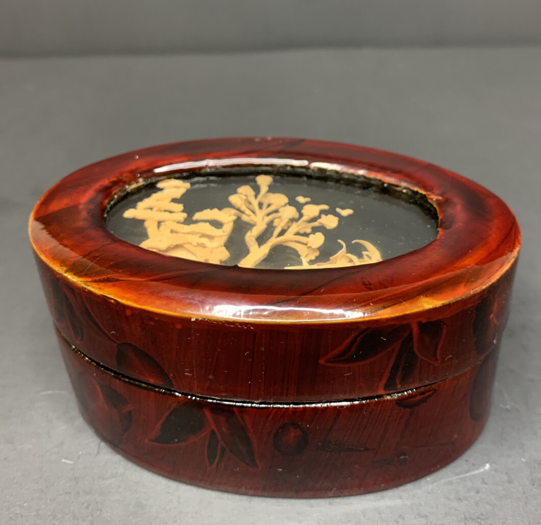 Vintage 1970’s Chinese Glass Covered Cork Carving Jewelry Trinket Box