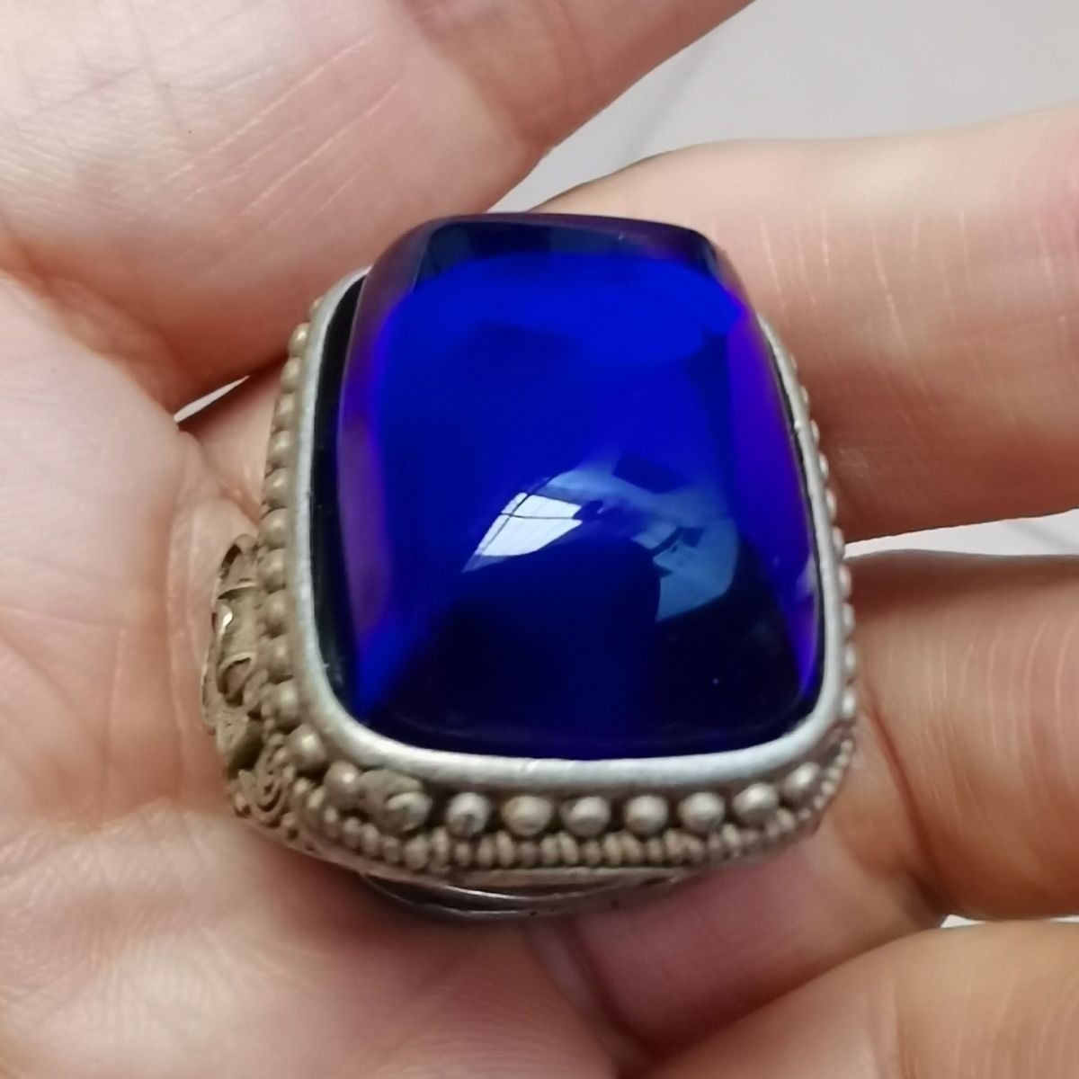 Collect Antique China Silver gemstone Gem ring Jewelry Round Ring jade ring