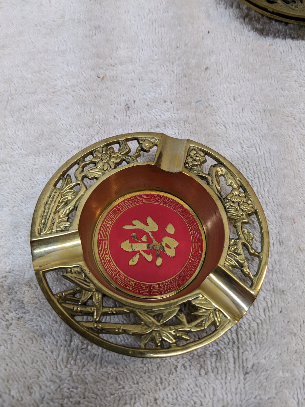 Vintage Chinese Brass Red Enamel Shou Long Life Ashtray Phoenix Birds 3.25″ Set