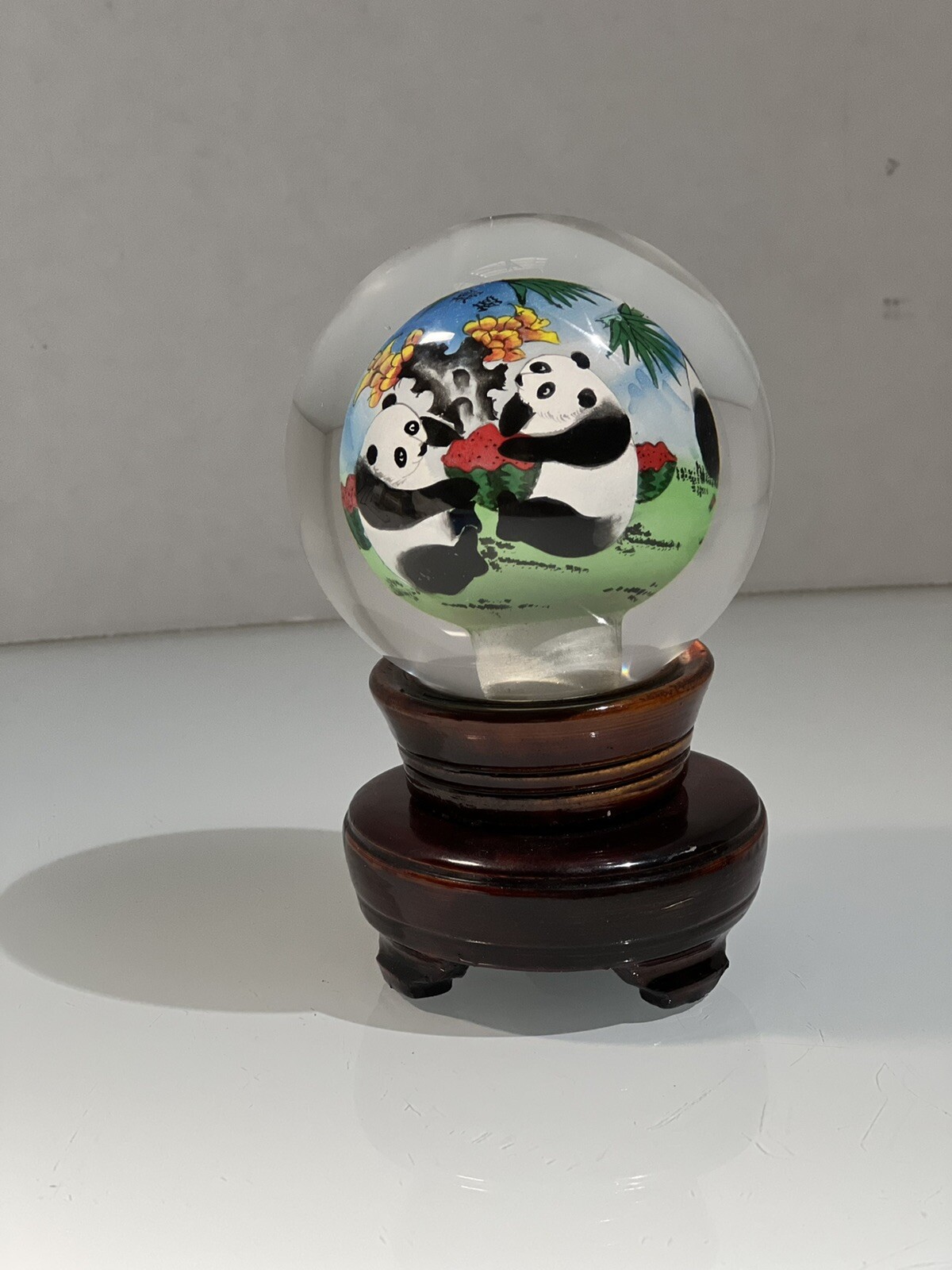 Panda Bear Family Crystal Globe, Hand Painted