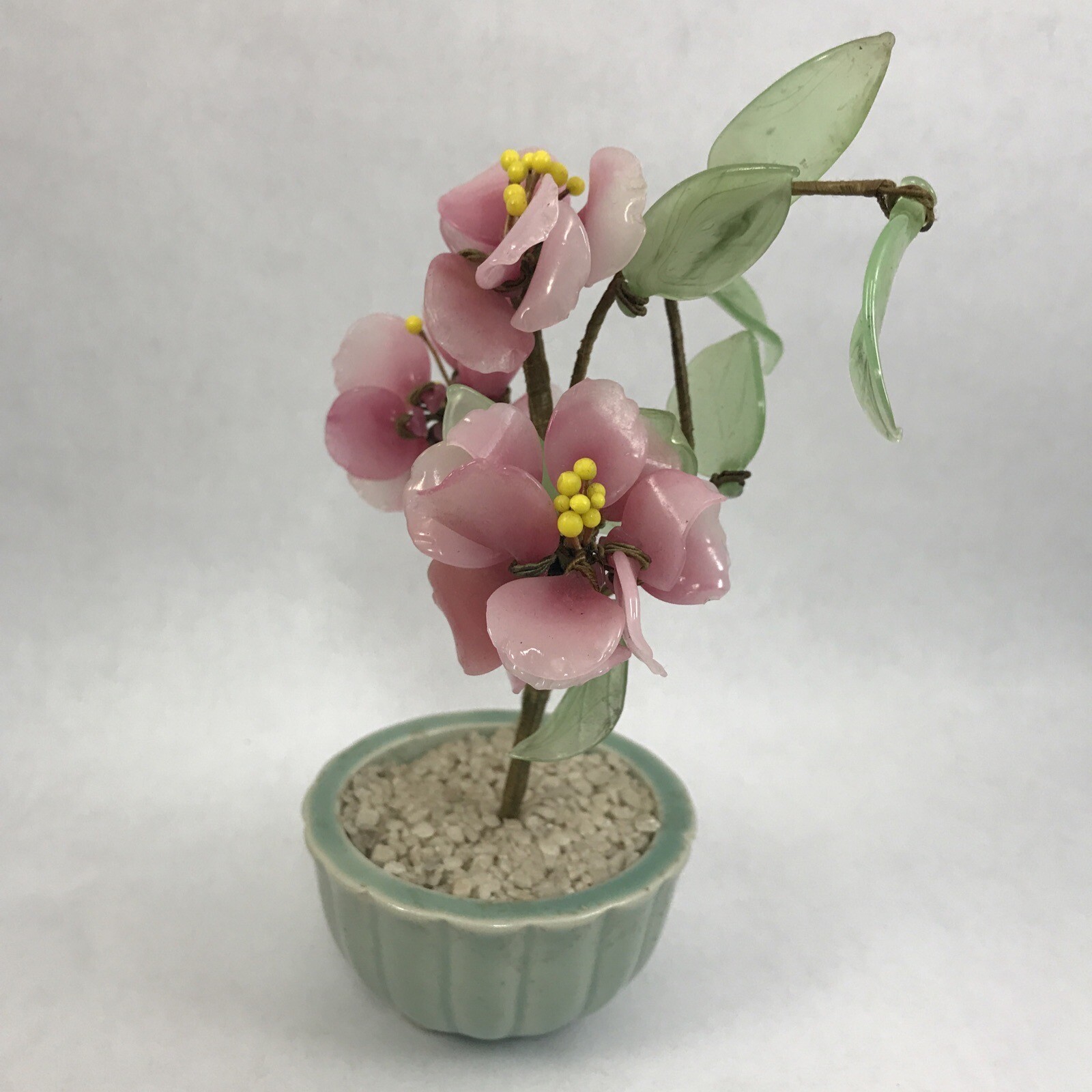 Pink Flower Decorative Asian Style Jade Glass Flowers Bonsai Plant Celadon Pot