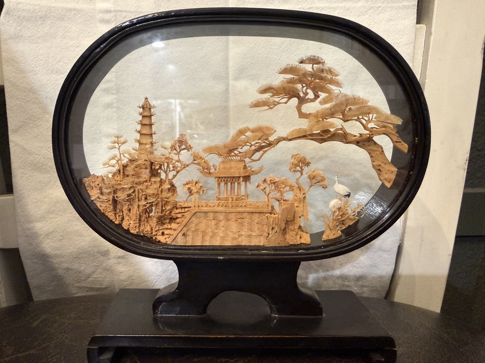 MCM Vtg. Carved Cork Chinese Art Diorama w/Cranes Pagoda and Trees Black Lacquer