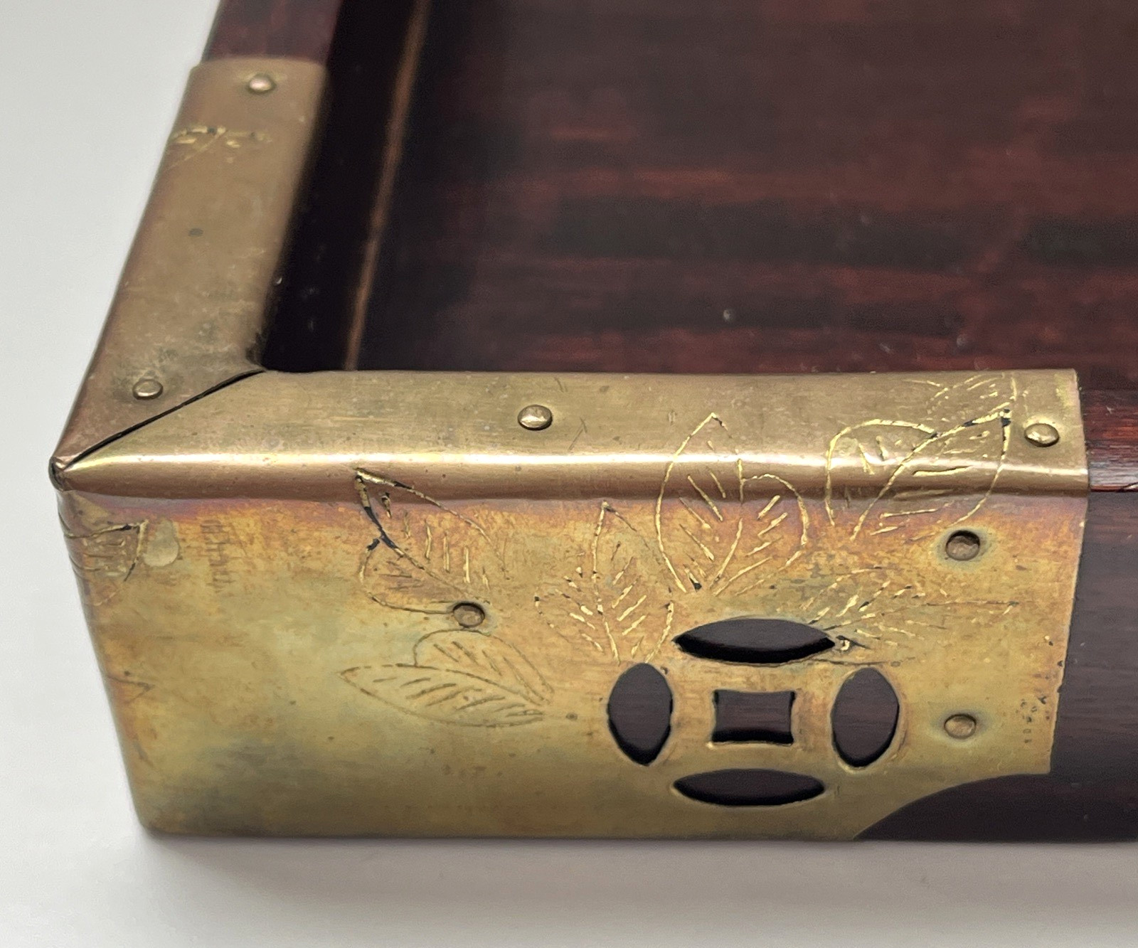 Vtg Chinese Hand Crafted Hardwood Tray w/ Etched Brass Motif Career Prospects