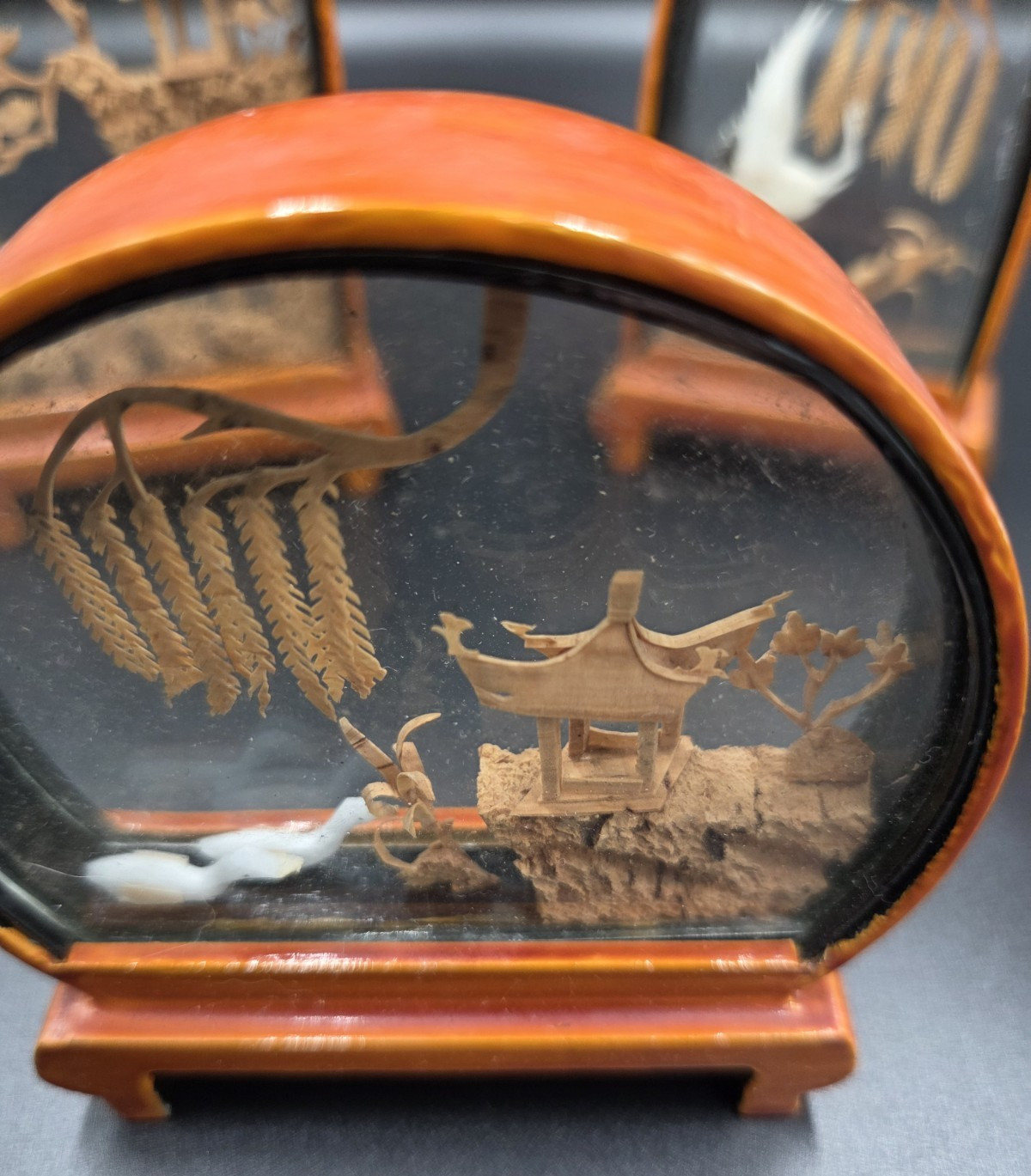 Vintage Asian Carved Cork Diorama Art In Wood/Glass Shadow Boxes 5 pieces