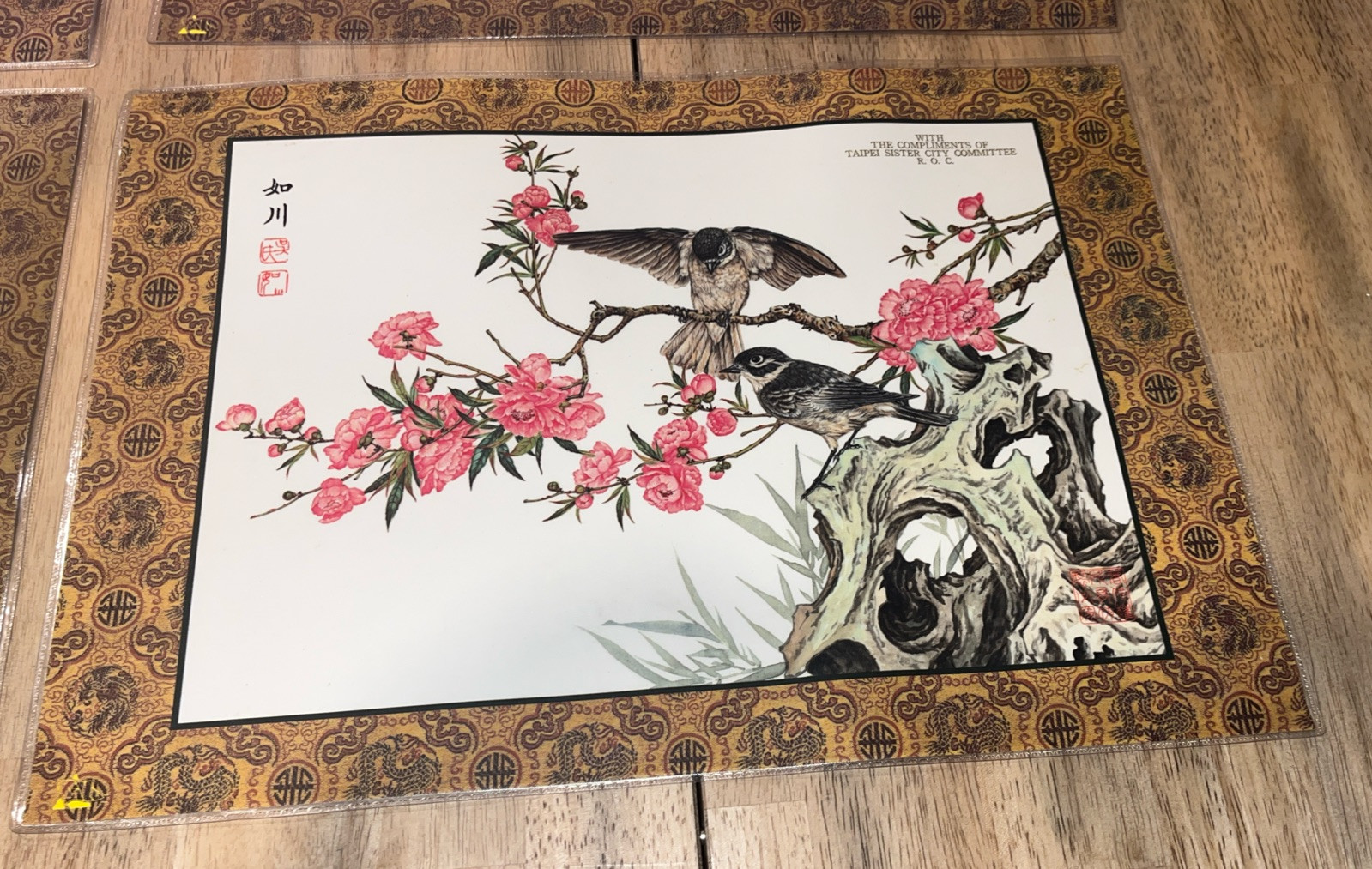 H136~ Chinese Silk Placemats Hand Painted Watercolors Double Sided Laminate