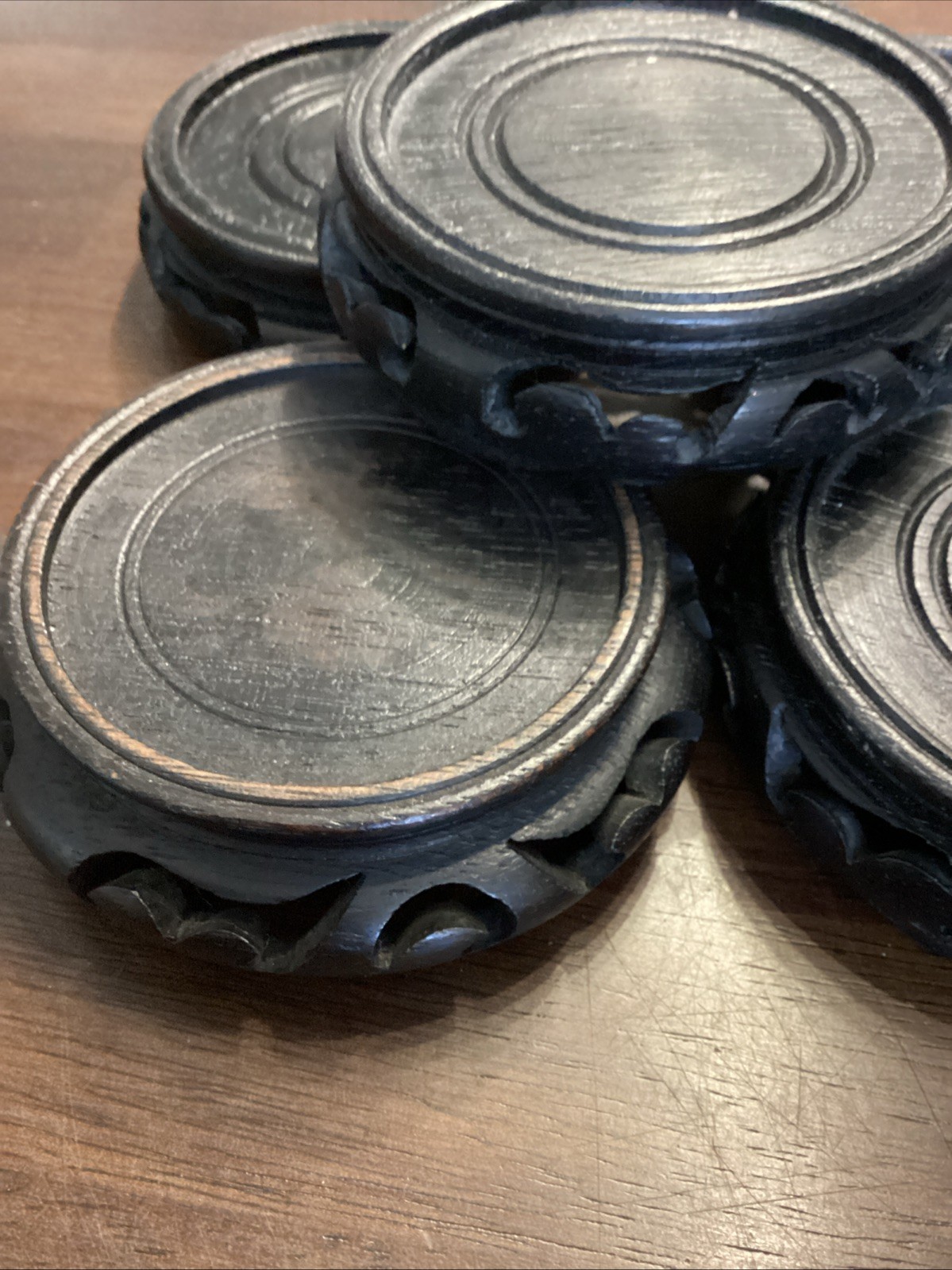 Chinese Hand Carved Wooden Round Display Stand Lot Of 5