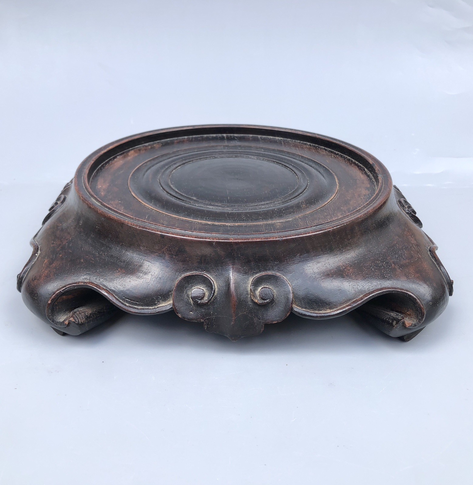 Antique Chinese Hongmu? Wood Carved Scroll Cloud Square Vase Planter Stand