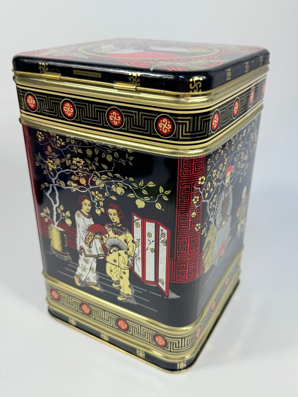 English Tea Tin Caddy Vintage 1970s Chinese Hinged Lid Black Red Gold Cranes Asi