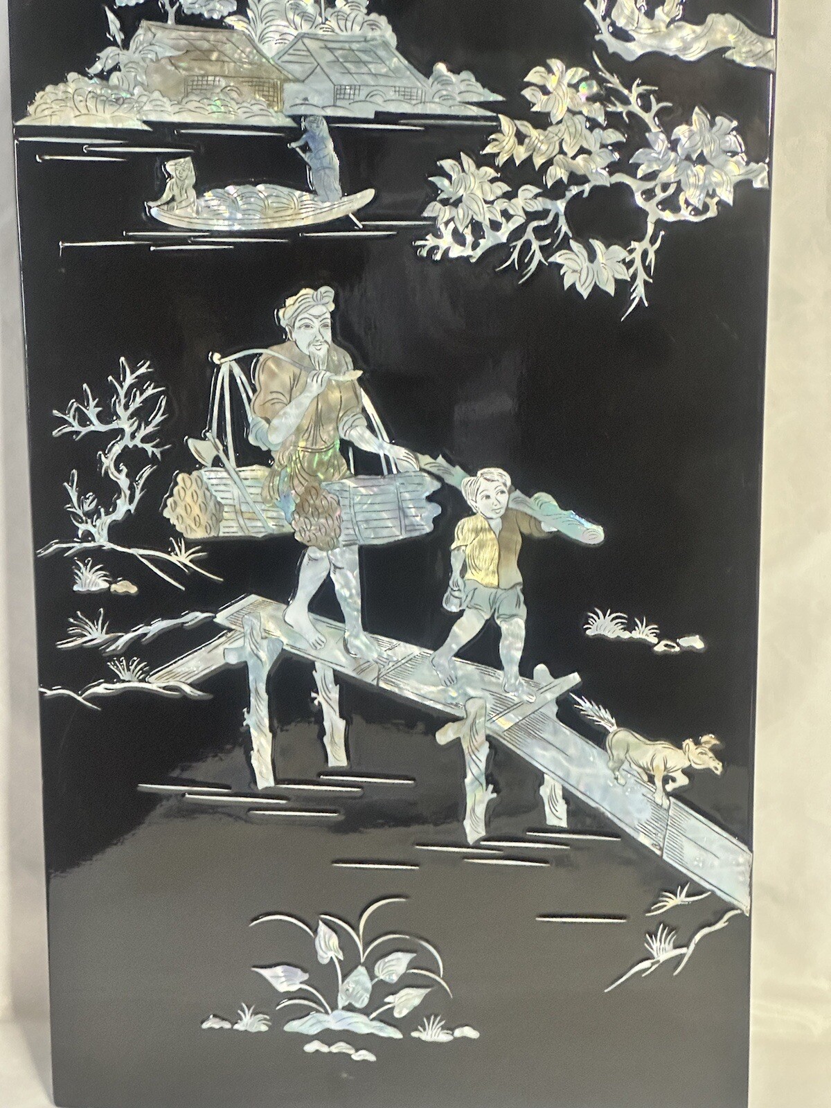 Chinese Wall Art Mother Of Pearl On Black Lacquerware 23.58” Tall 11 3/8” Wide