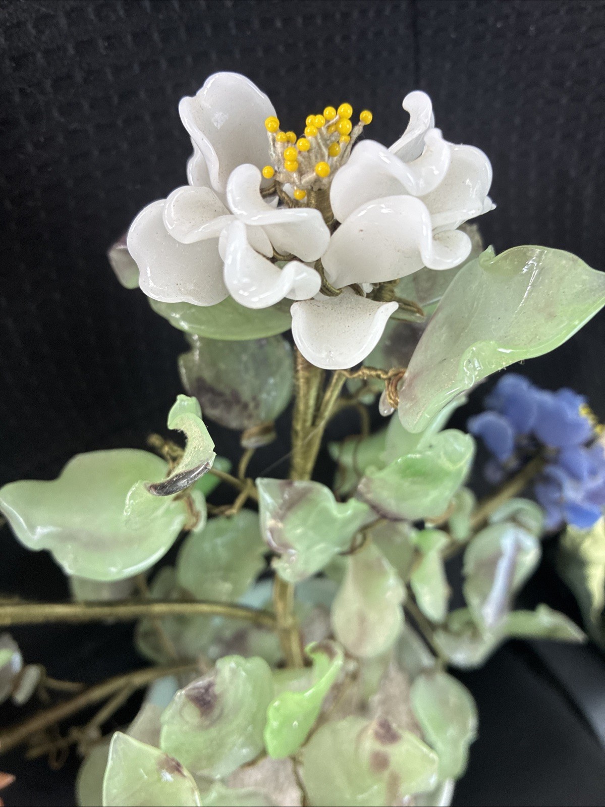 CHINESE ANTIQUE JADE BONSAI TREE MULTI COLOR FLOWER BLOSSOMS VTG GLASS FLOWERS