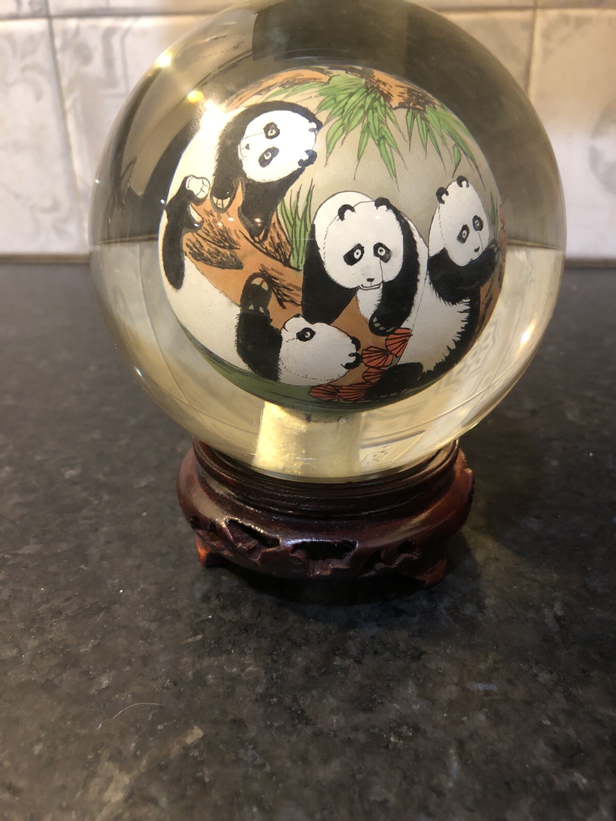 Chinese Glass Ball Sphere Reverse Hand Painted Pandas