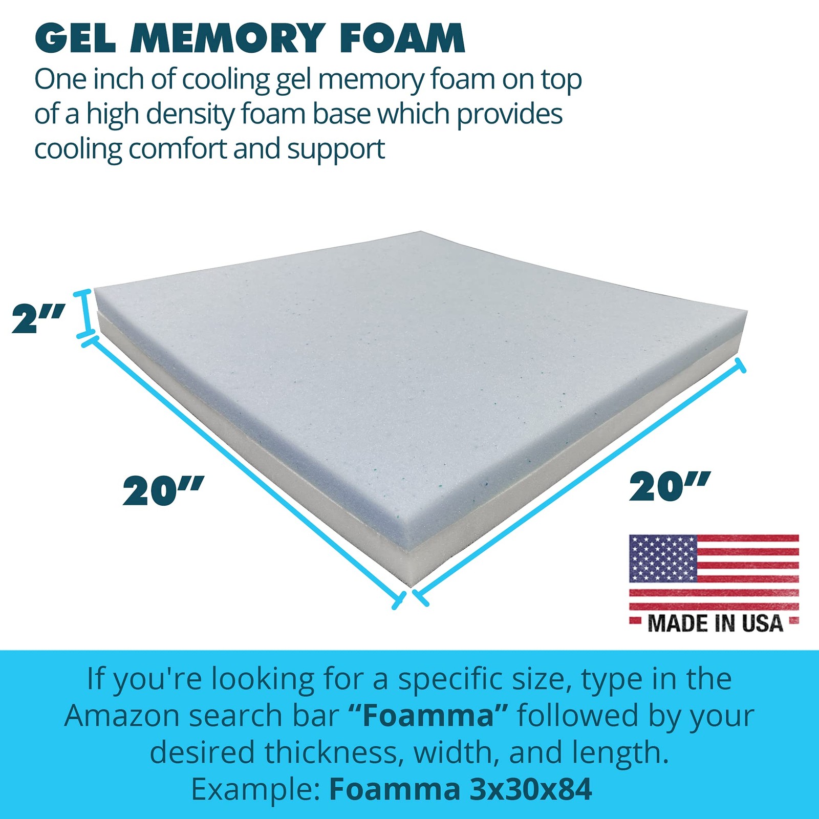 1 PCS Gel Memory Foam 2x20x20 Inch High Density Chair Seat Cushion Replacement