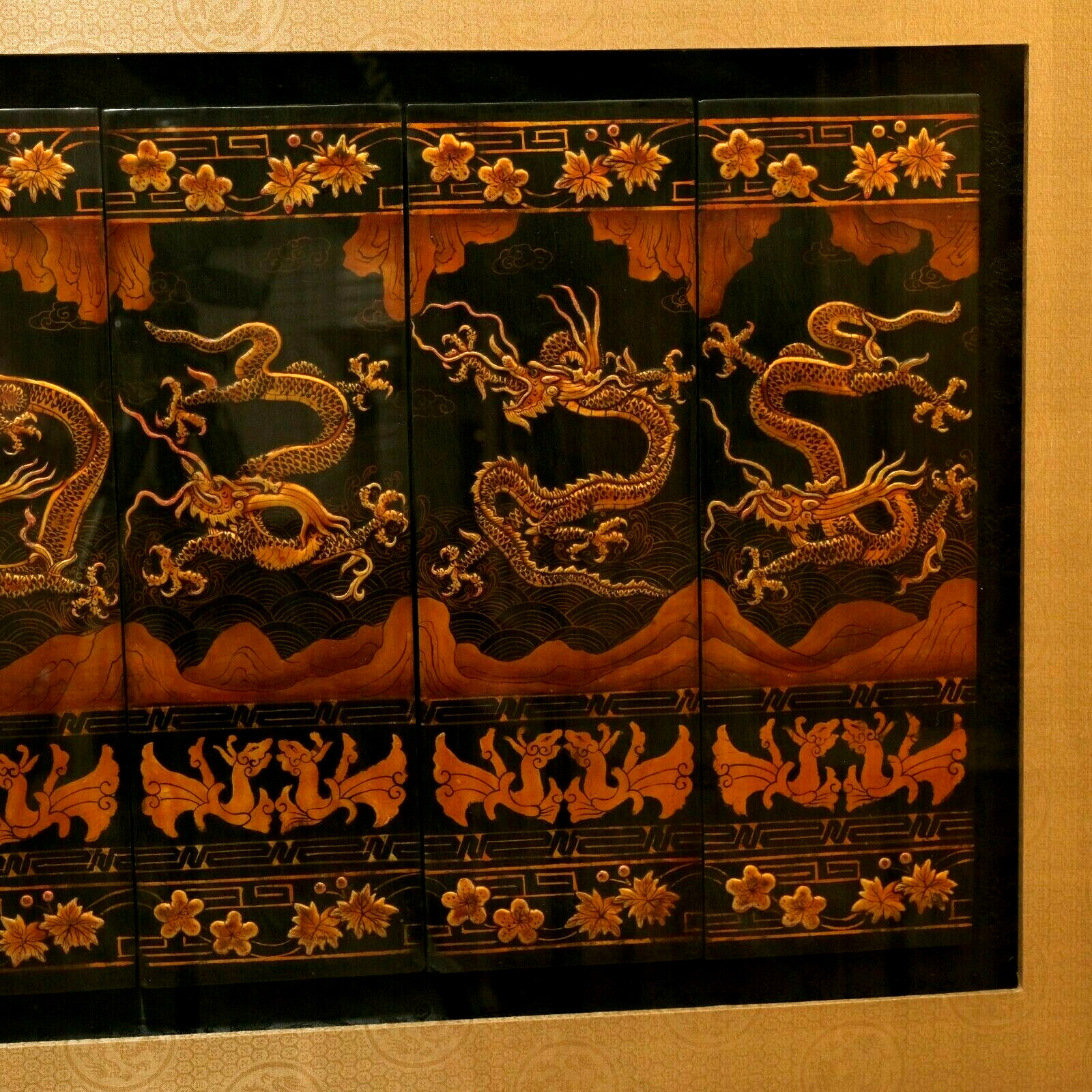 Exquisite 9 Dragon Floated Panels under Plexiglas in Large Gilded Frame VGUC+