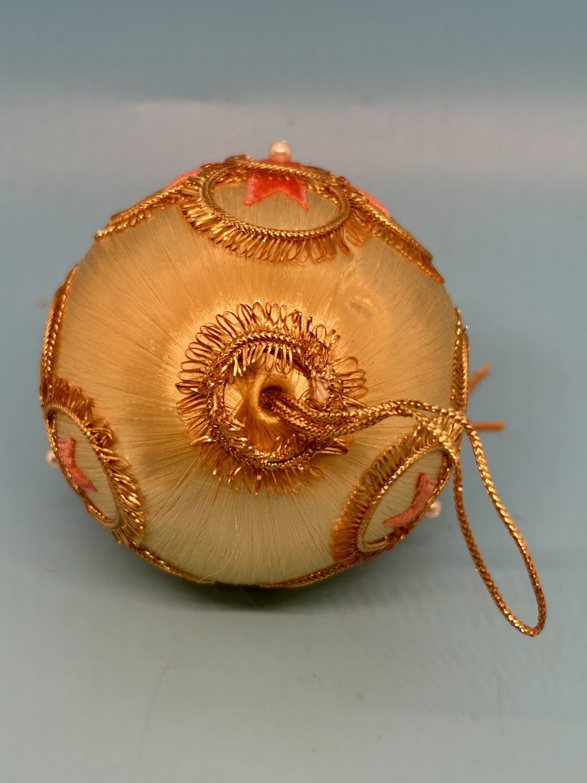 Vintage Asian Silk Thread Ball Ornament Tassel Gold Coral Pink Hanging Decor 3”