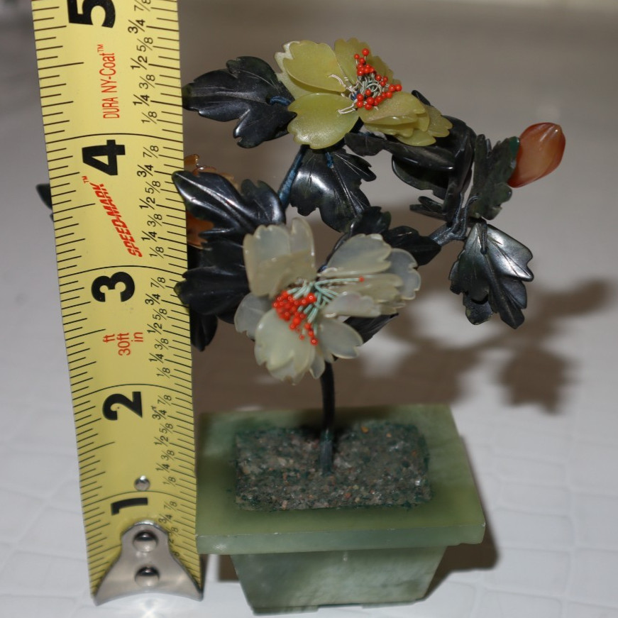 Hand Carved Miniature Jade Tree with Rose Quartz, Jade & Carnelian
