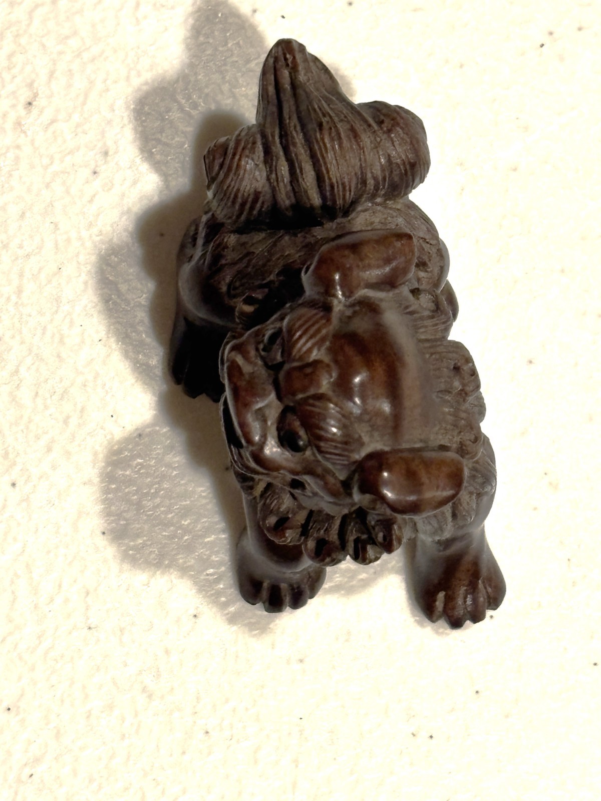 Antique Vintage Komainu Japanese Hand Carved Wood Netsuke of Guardian Lion Sign.