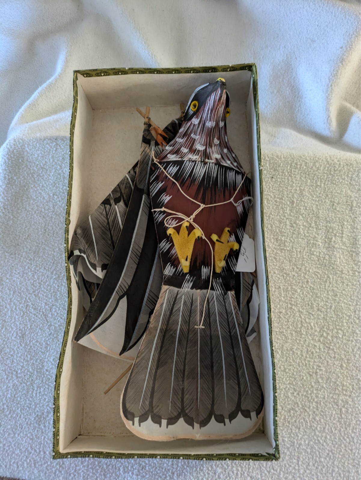 Vintage Chinese Silk & Bamboo Eagle Bird of Prey Kite with Box 36″ wingspan Rare