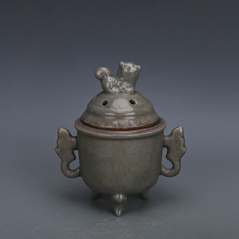 7.8″China Pack Copper Edge Porcelain Foo Fu Dog Lion Two Ear Incense Burner