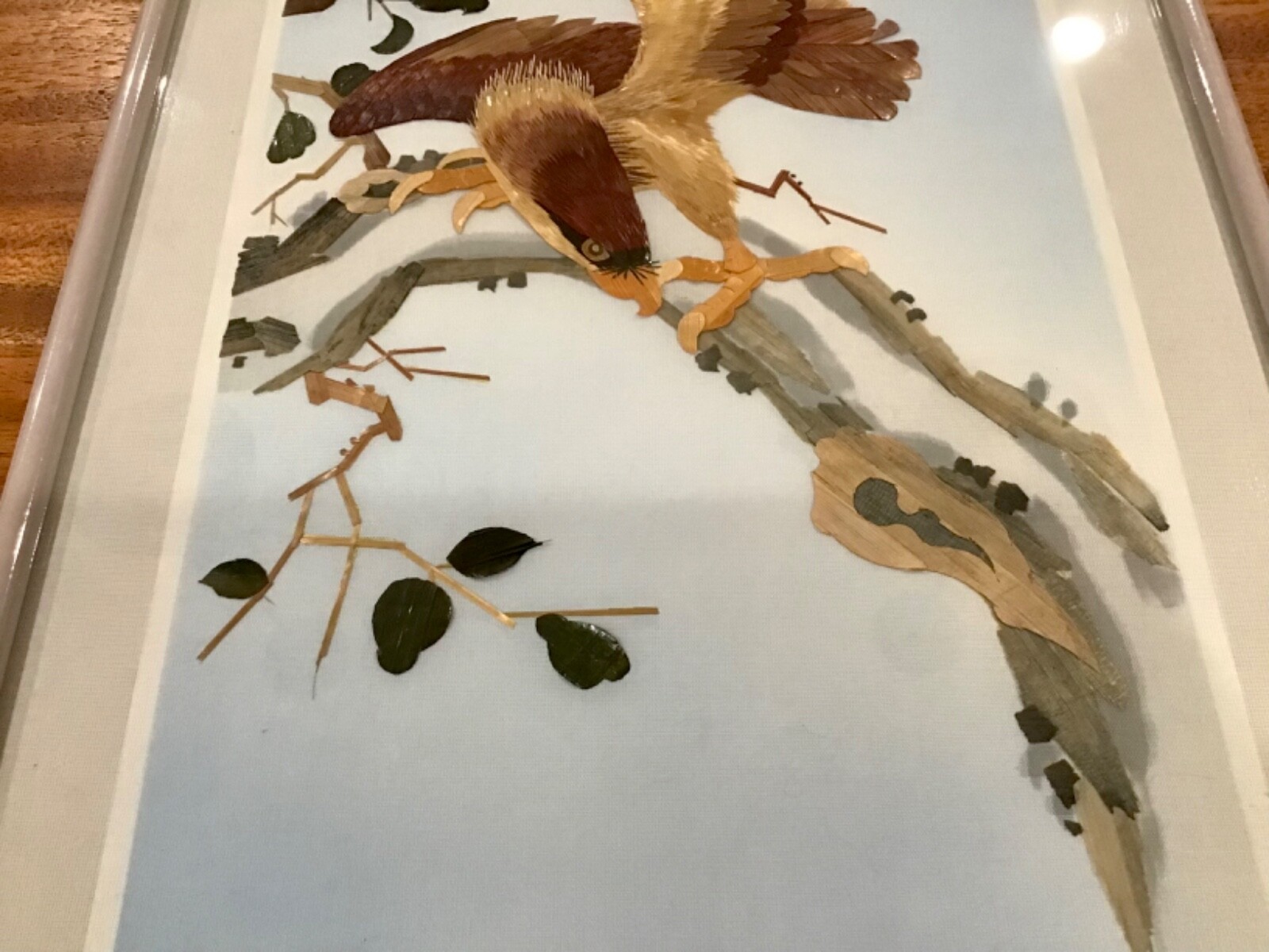 VTG ASIAN CLOTH PAINTED WOOD HAWK PICTURE WALL ART FRAMED- ONE OF TWO AVAILABLE