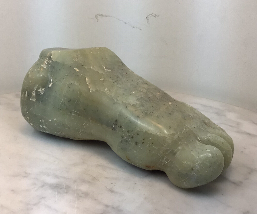 Vintage Heavy Green Stone Jade? Foot Sculpture Paperweight 8” long Rare