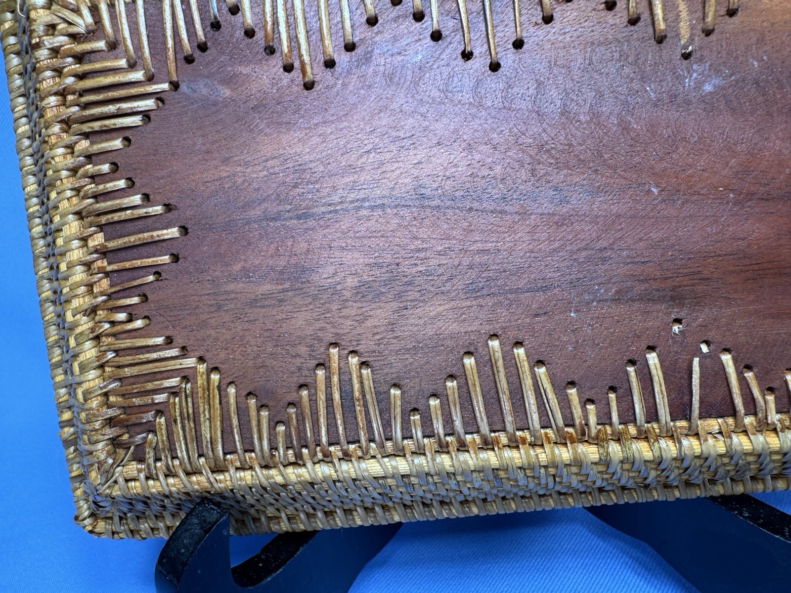 Vintage Chinese Wood Tray With Embedded Coin, Woven Sides Inlaid Wood 10x6x1