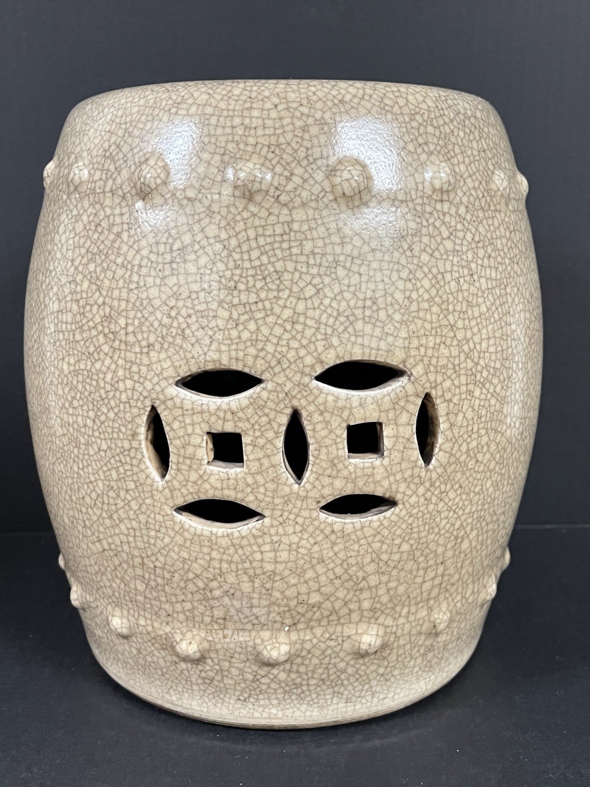 Vintage Chinese Porcelain Round Garden Stool Darker Beige Crackled Double Coin