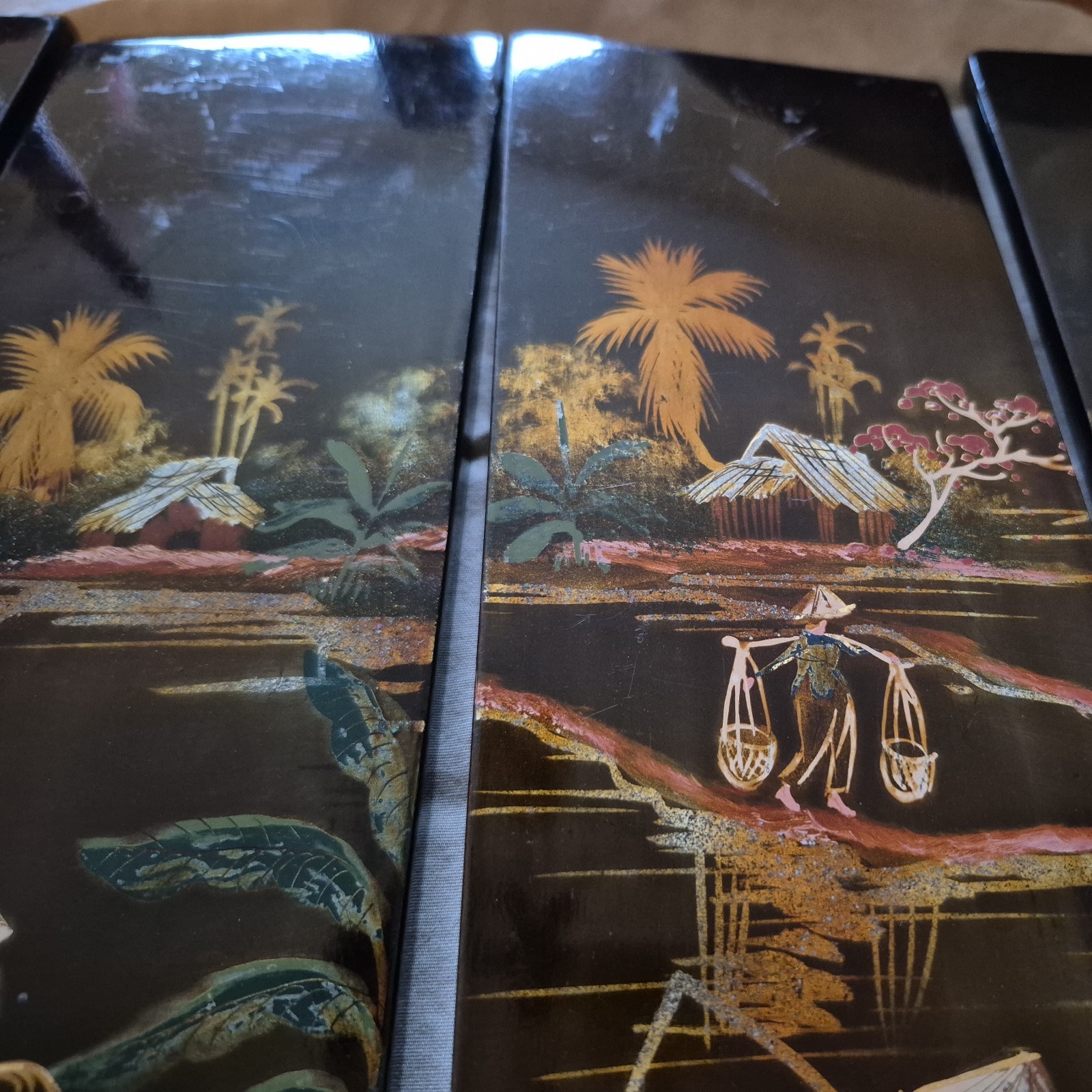 4 Vintage Asian Vietnamese Hand Painted Black Lacquer Wall Art Plaque Panels