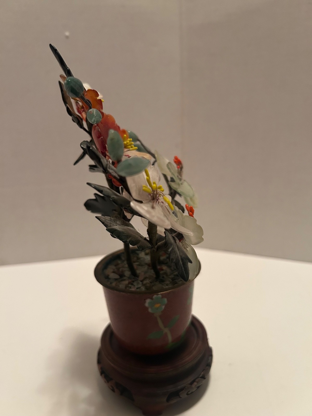 Vtg Chinese Jade Glass Leaves Multi-Color Flowers Bonsai Tree Green Celadon Mini