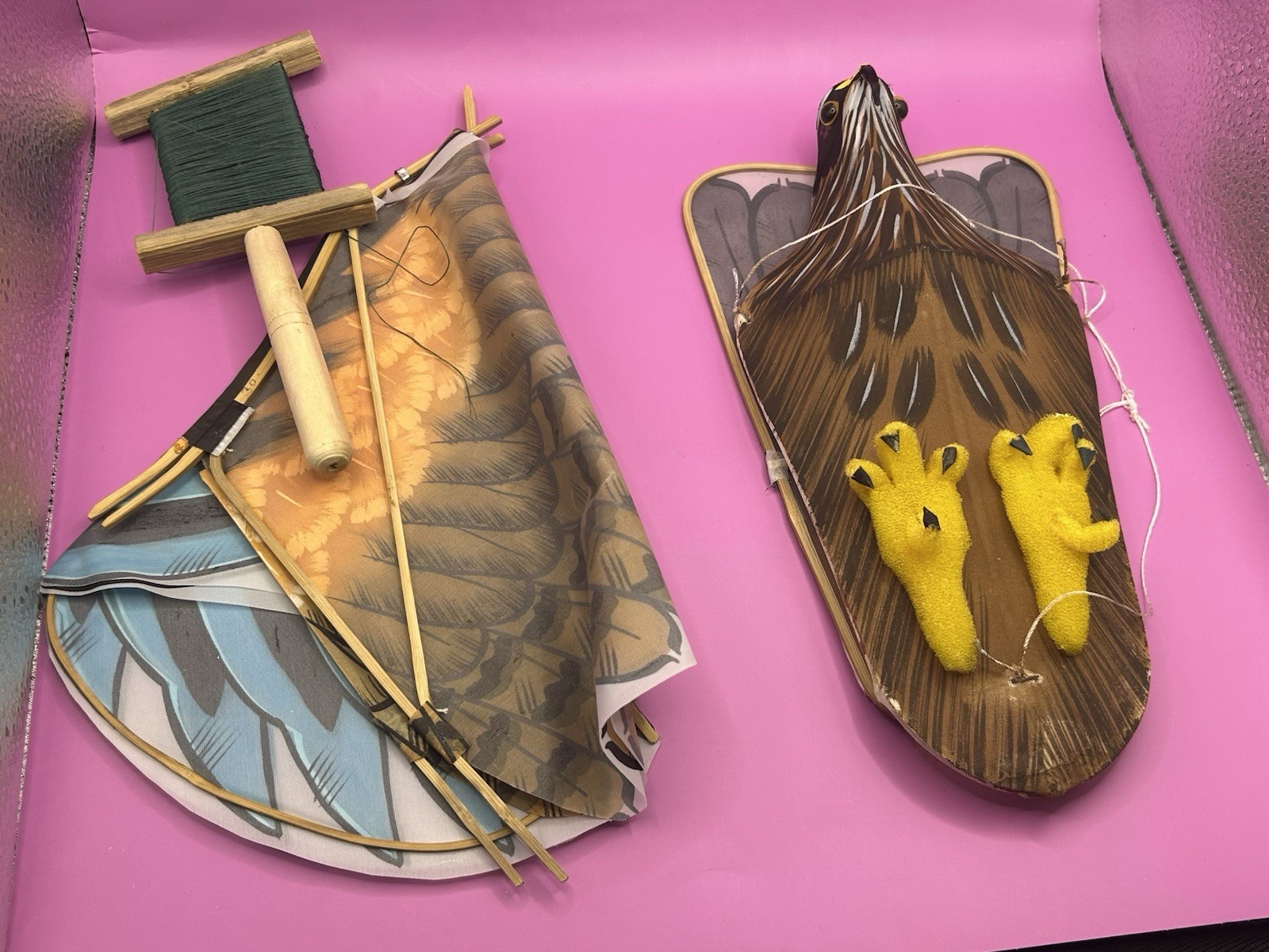 Vintage Chinese Silk & Bamboo Eagle Bird of Prey Kite with Box 36″ wingspan Rare