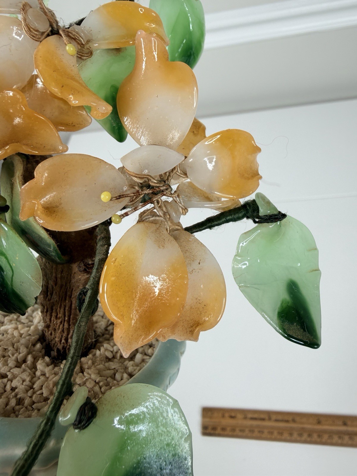 Vintage Asian Jade Glass peach green Cherry Blossom Bonsai Tree 9” Inch